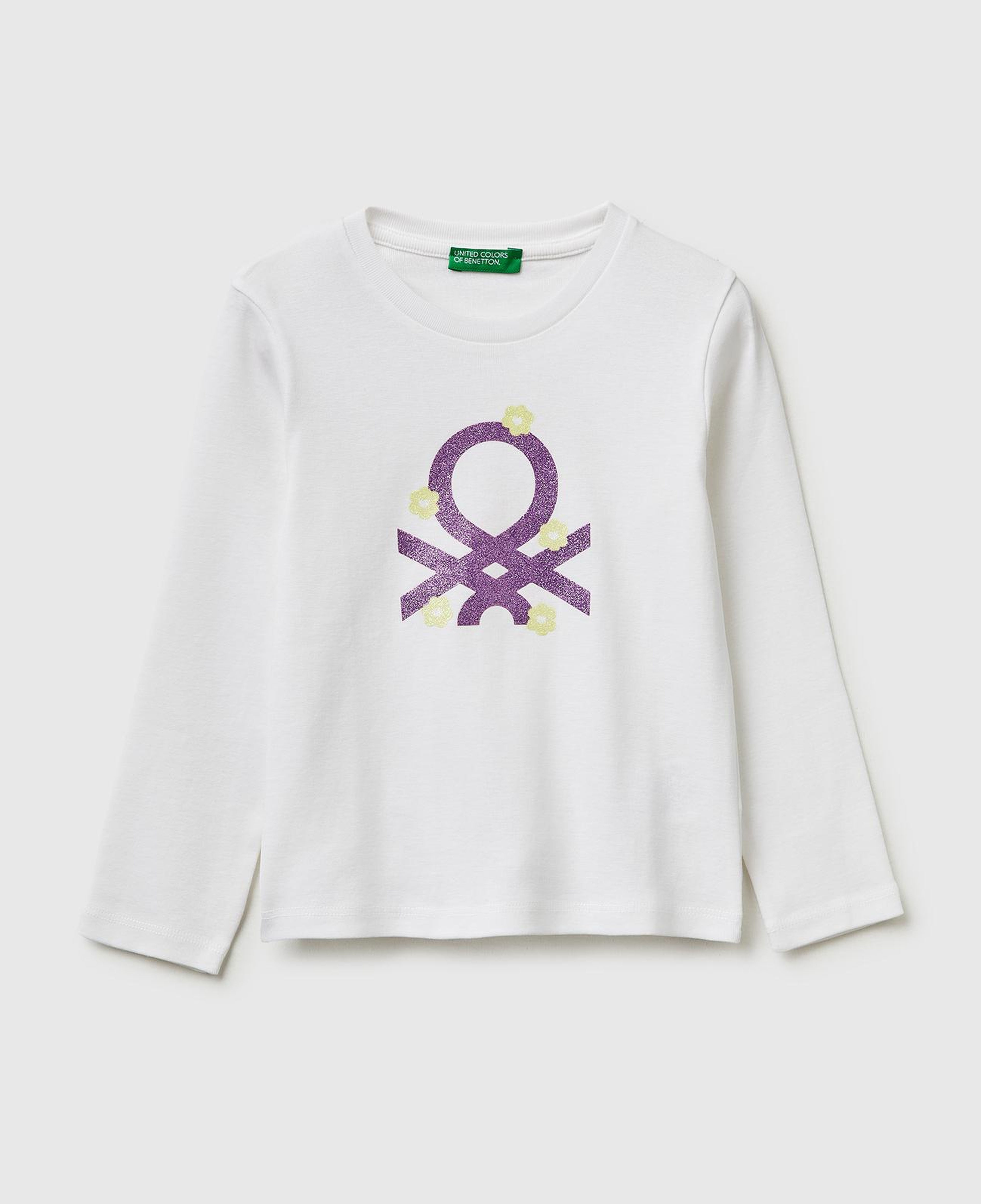 Kız Çocuk Beyaz Simli Renkli Grafik Baskılı Yuvarlak Yaka Uzun Kollu T-Shirt
