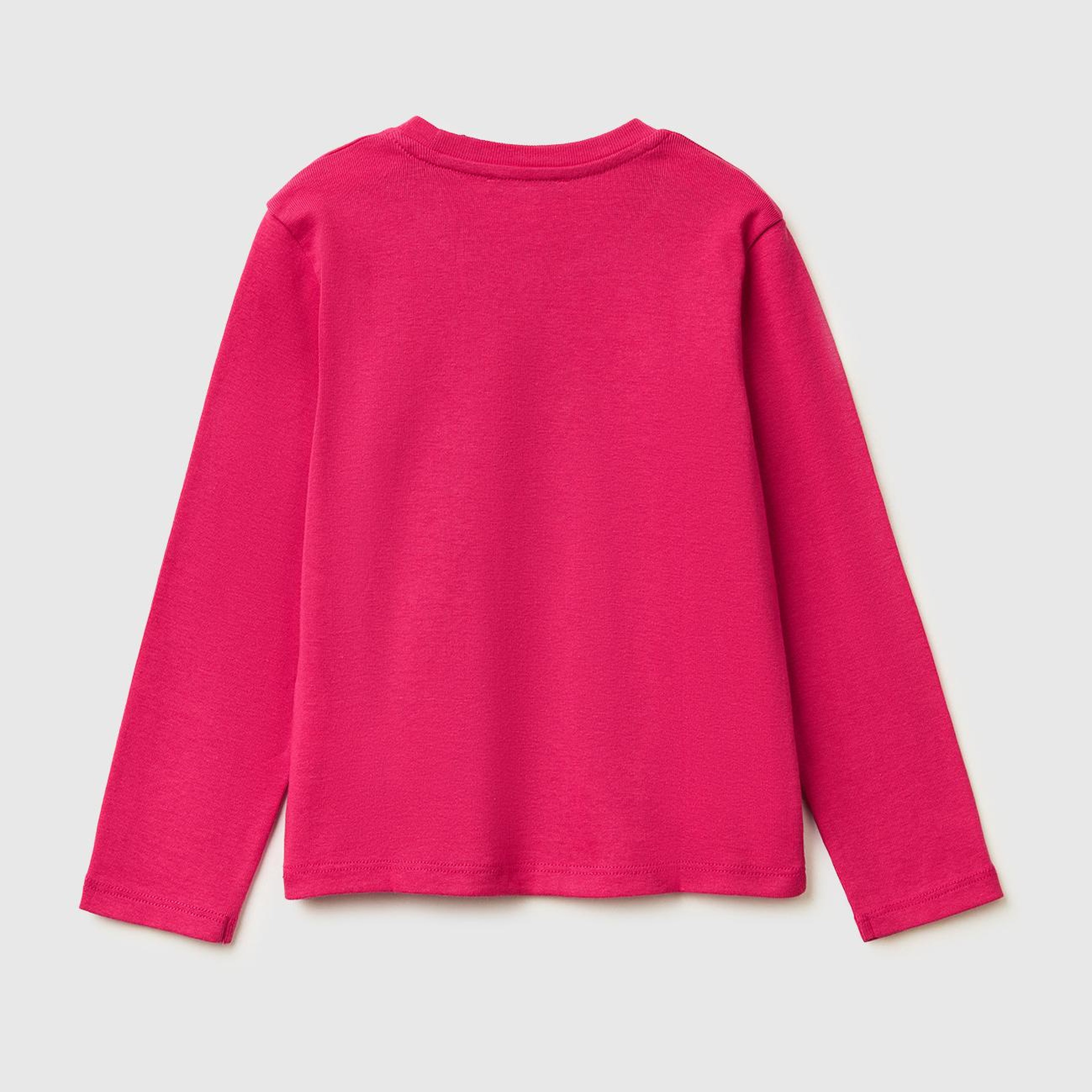 Kız Çocuk Koyu Pembe Simli Renkli Grafik Baskılı Yuvarlak Yaka Uzun Kollu T-Shirt