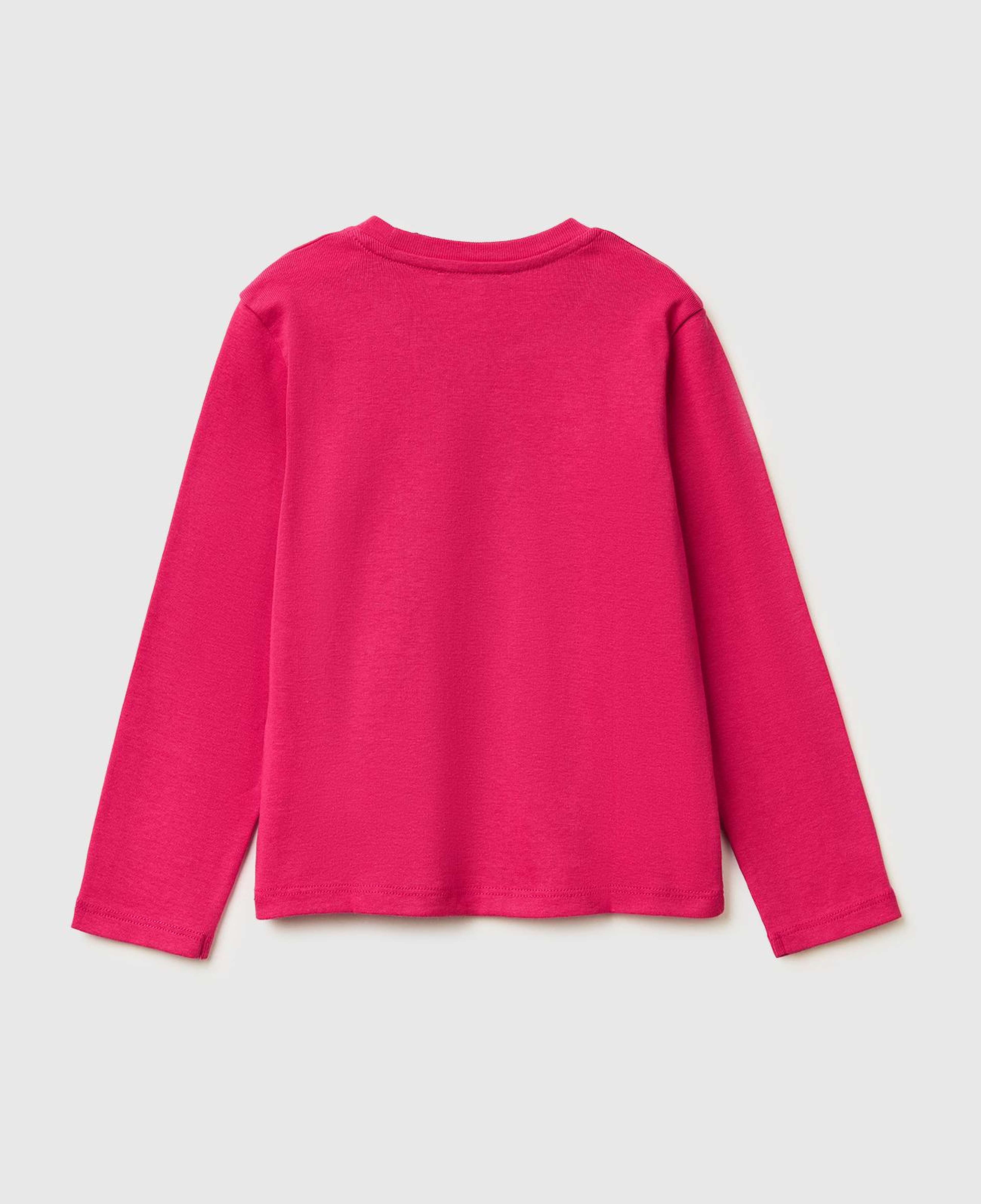 Kız Çocuk Koyu Pembe Simli Renkli Grafik Baskılı Yuvarlak Yaka Uzun Kollu T-Shirt