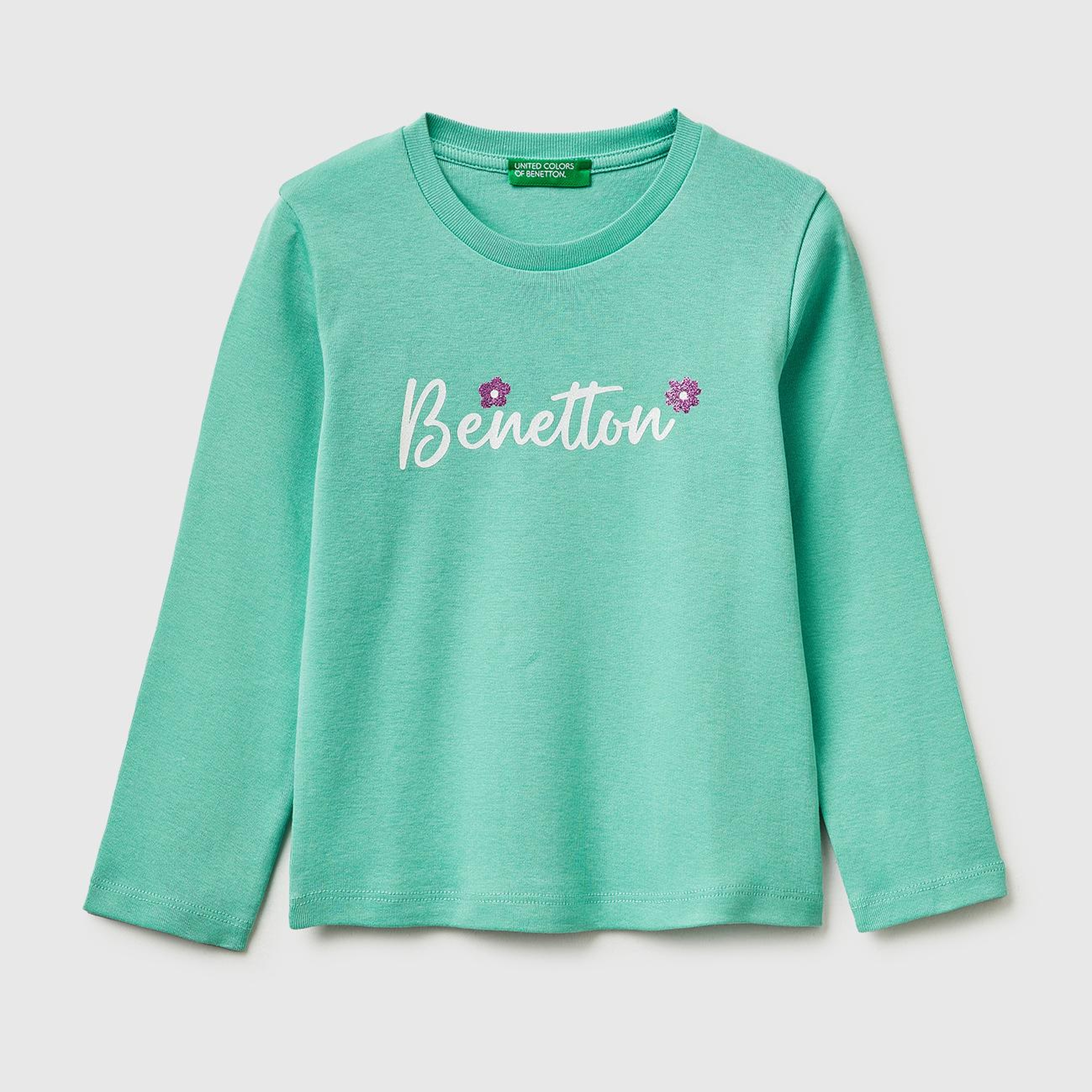 Kız Çocuk Mint Simli Renkli Grafik Baskılı Yuvarlak Yaka Uzun Kollu T-Shirt