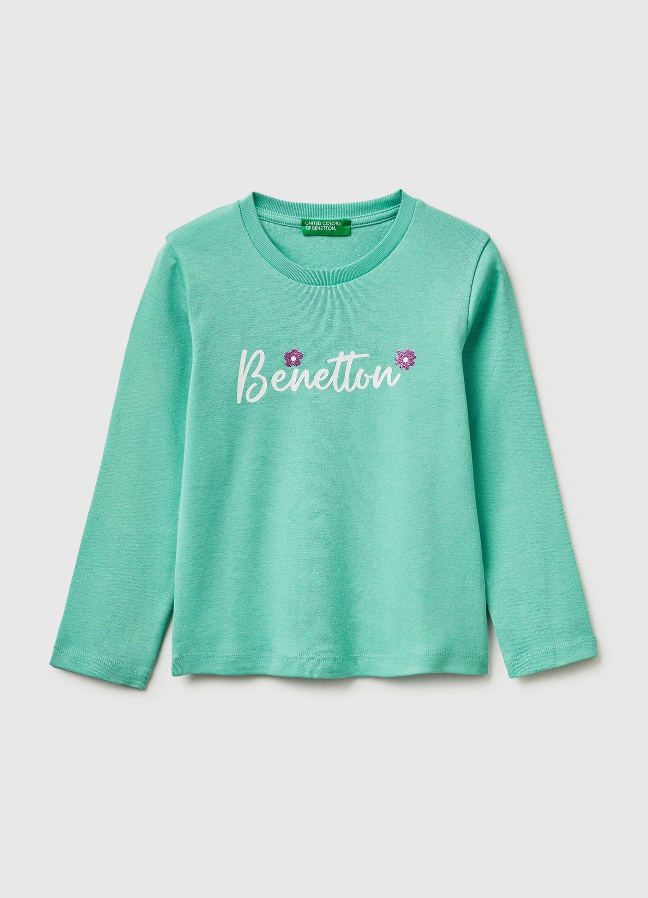 Kız Çocuk Mint Simli Renkli Grafik Baskılı Yuvarlak Yaka Uzun Kollu T-Shirt
