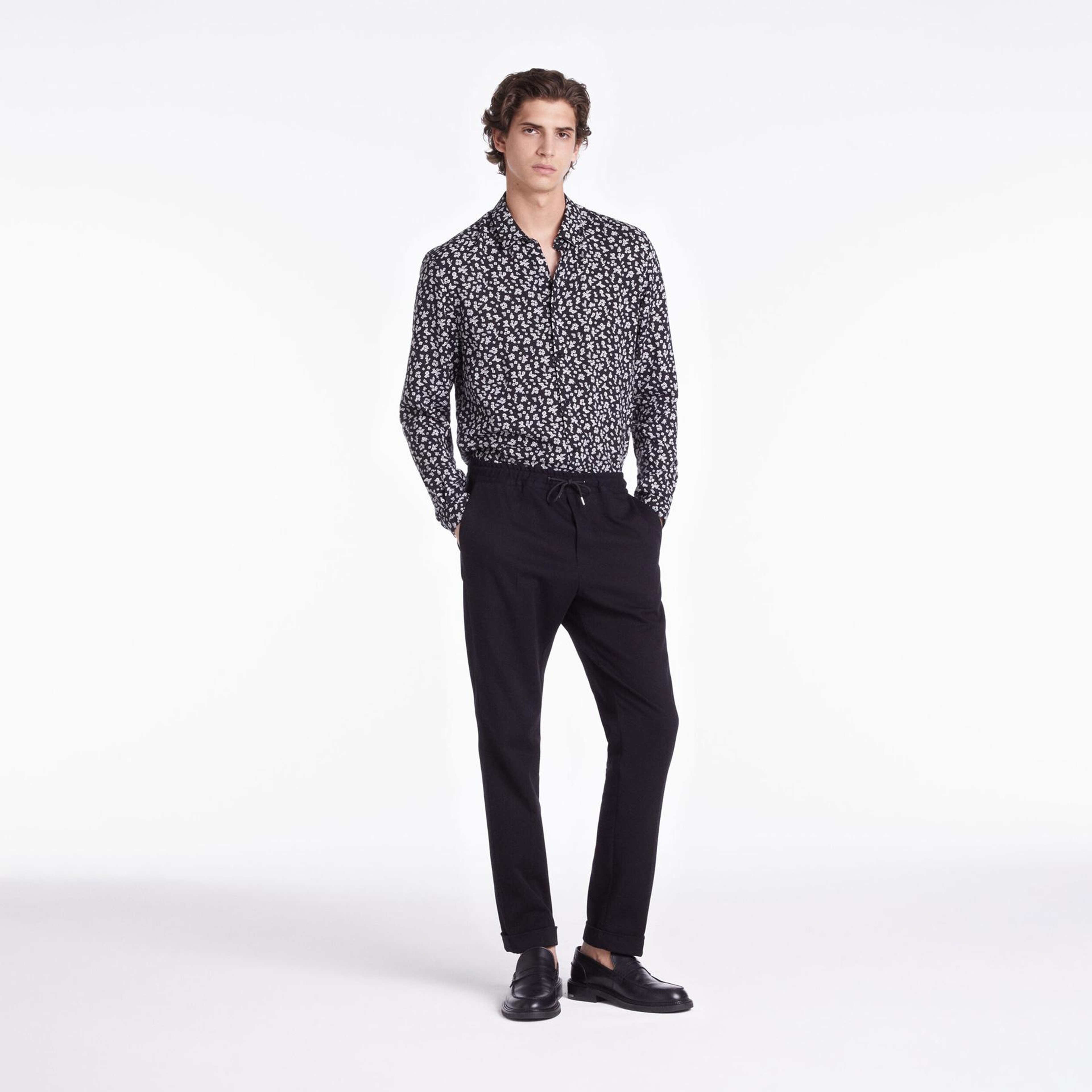 ERKEK ÇİÇEK DESENLİ STRAIGHT FIT UZUN KOLLU SİYAH GÖMLEK