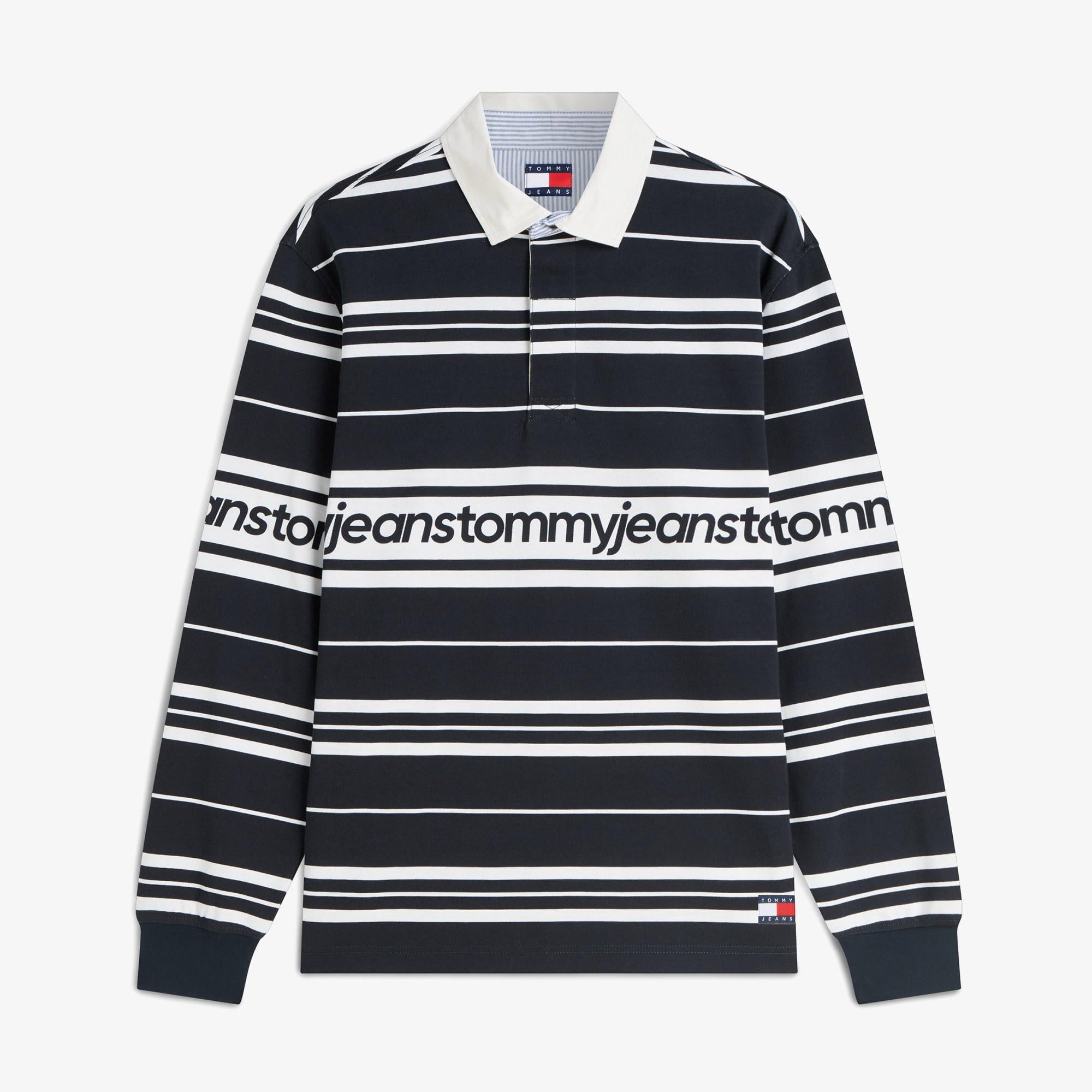Tommy Hilfiger Branded Stripe Rugby Erkek Mavi Polo