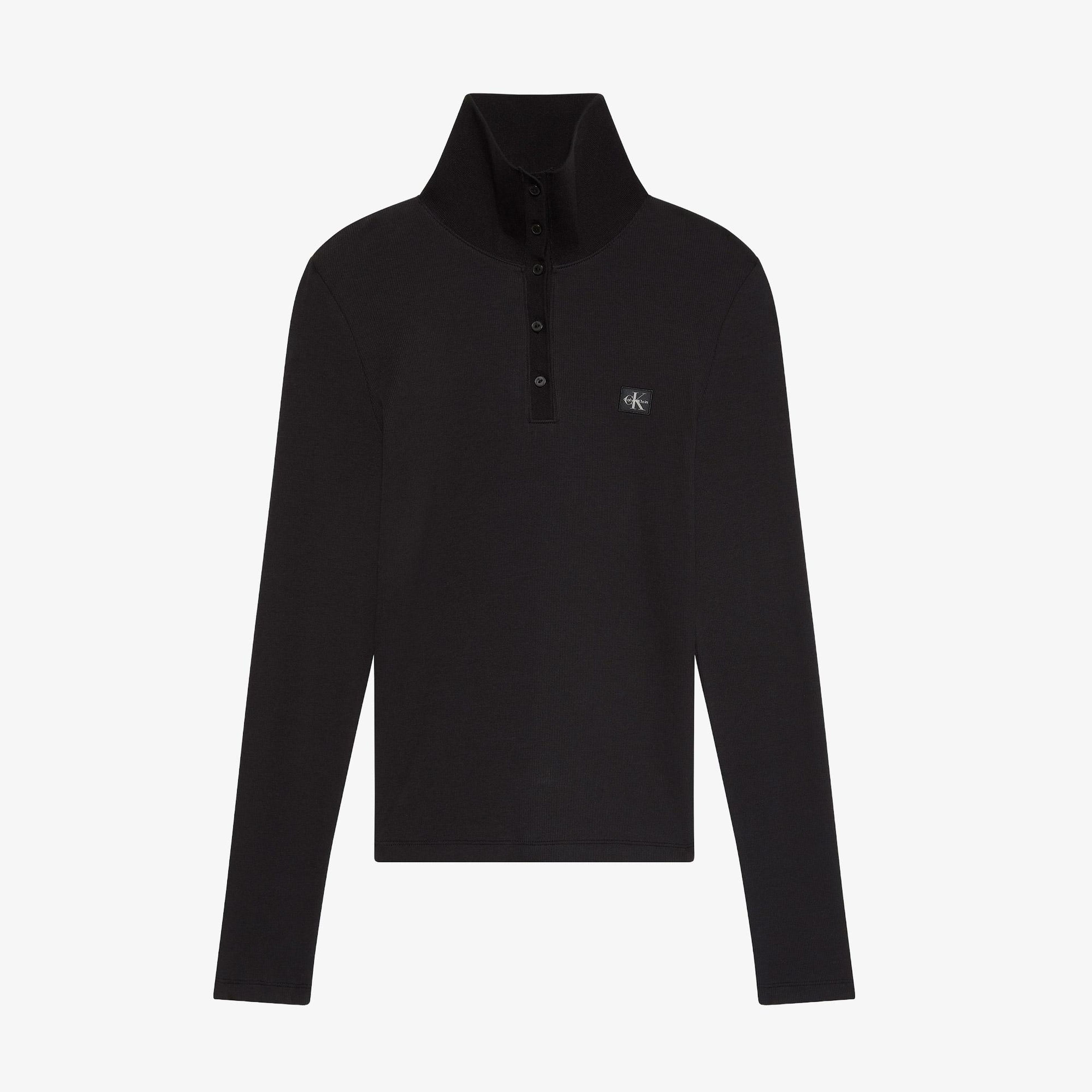 Calvin Klein Woven Label Henley Kadın Siyah T-Shirt