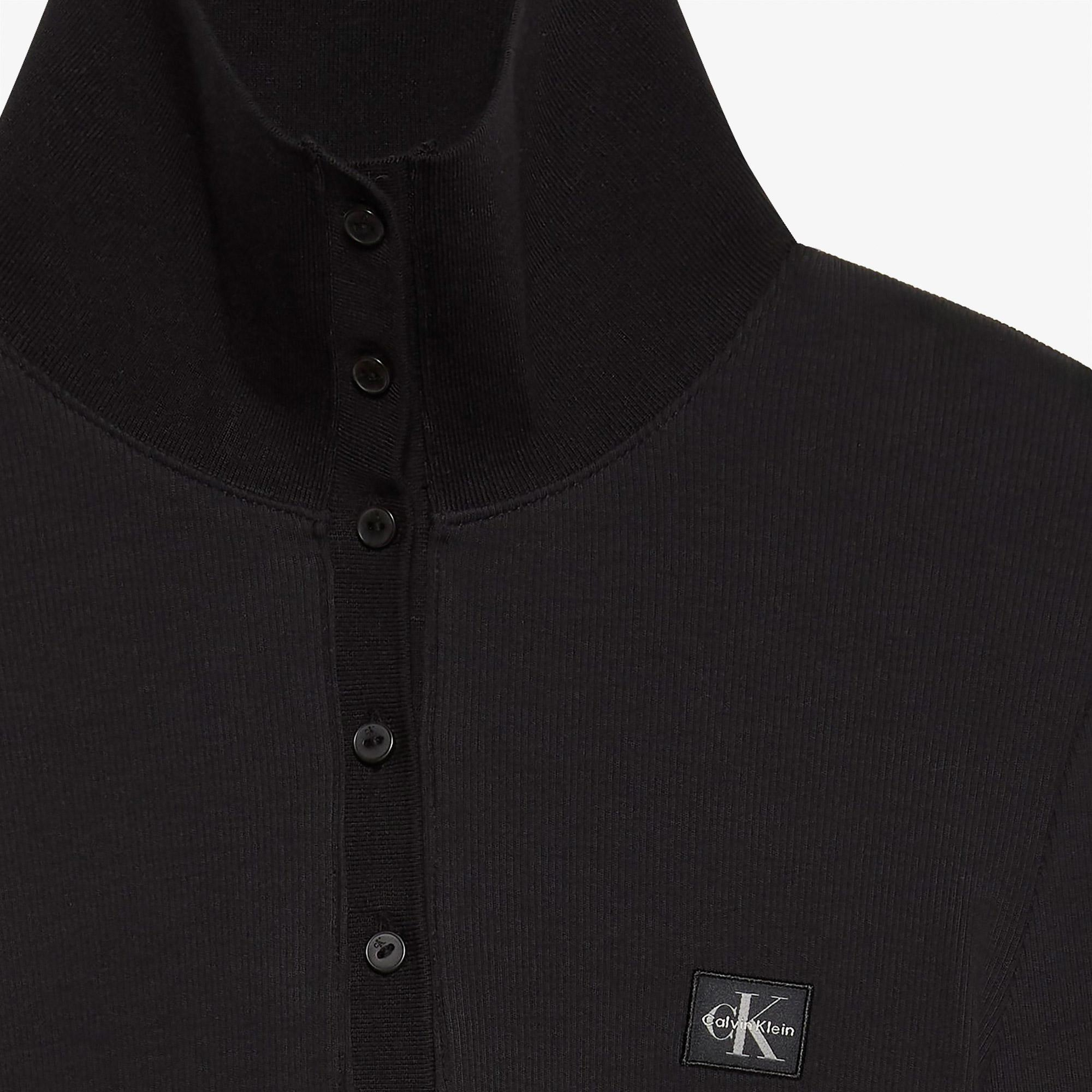 Calvin Klein Woven Label Henley Kadın Siyah T-Shirt