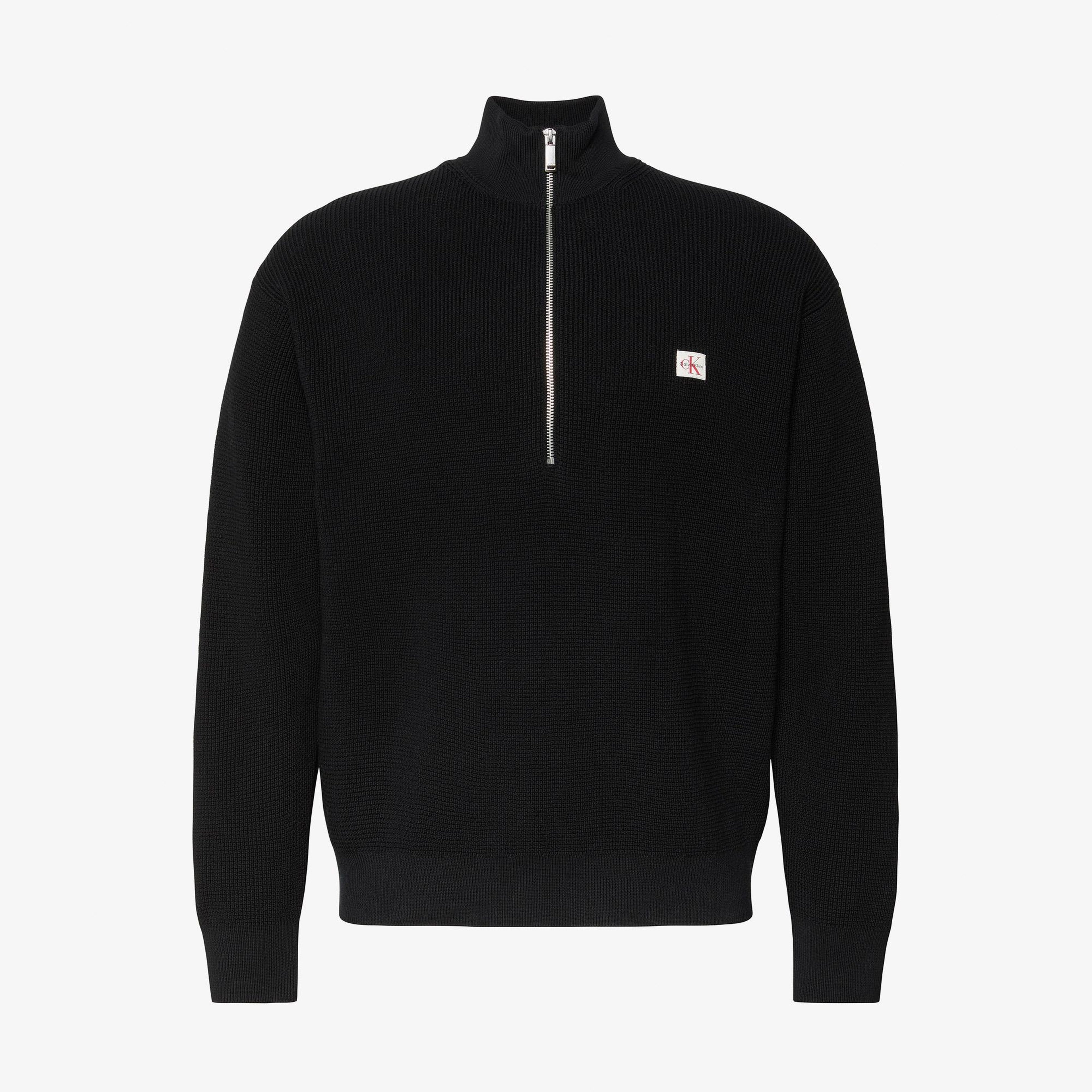 Calvin Klein Cotton Waffle Quarter Zip Erkek Siyah Triko