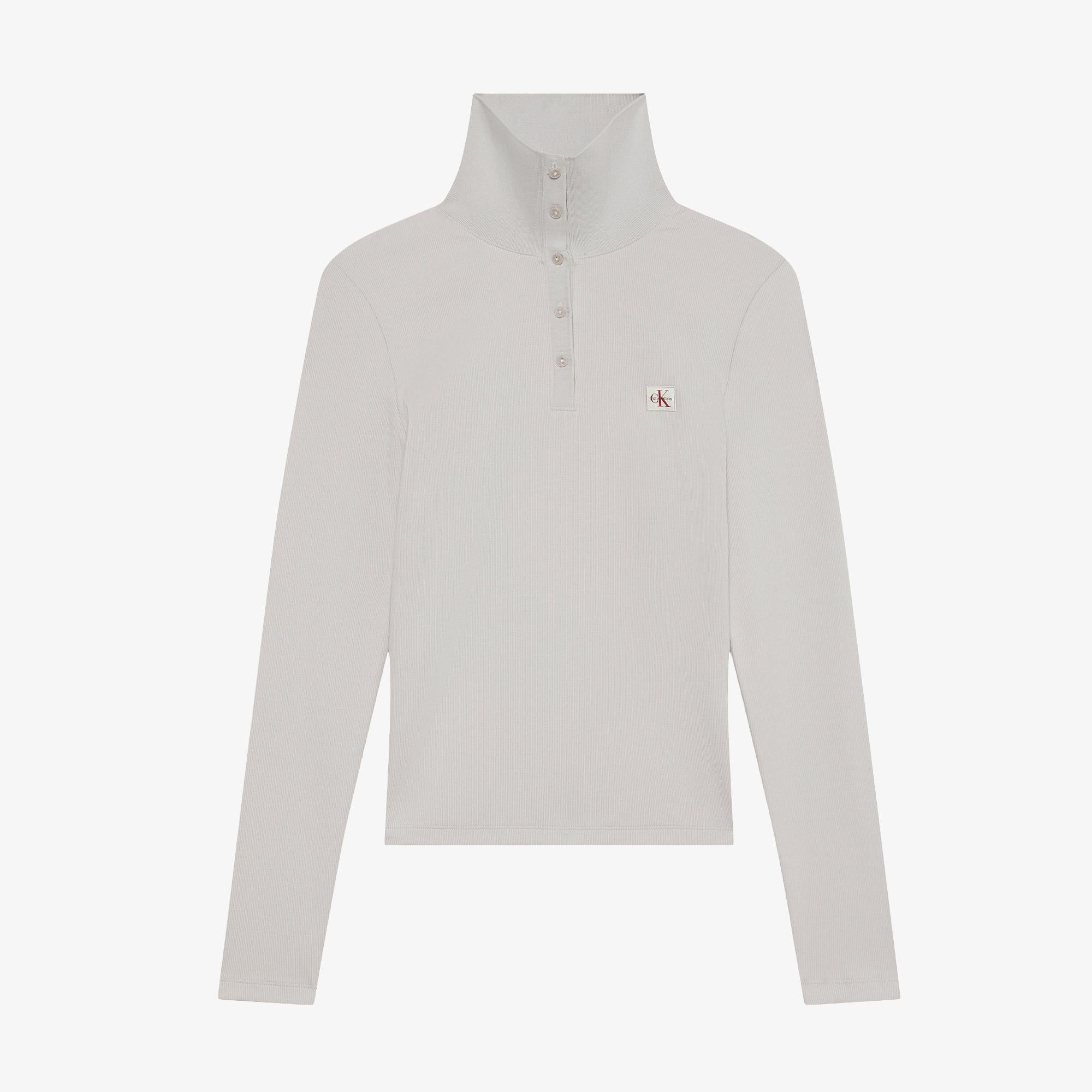 Calvin Klein Woven Label Henley Kadın Gri T-Shirt