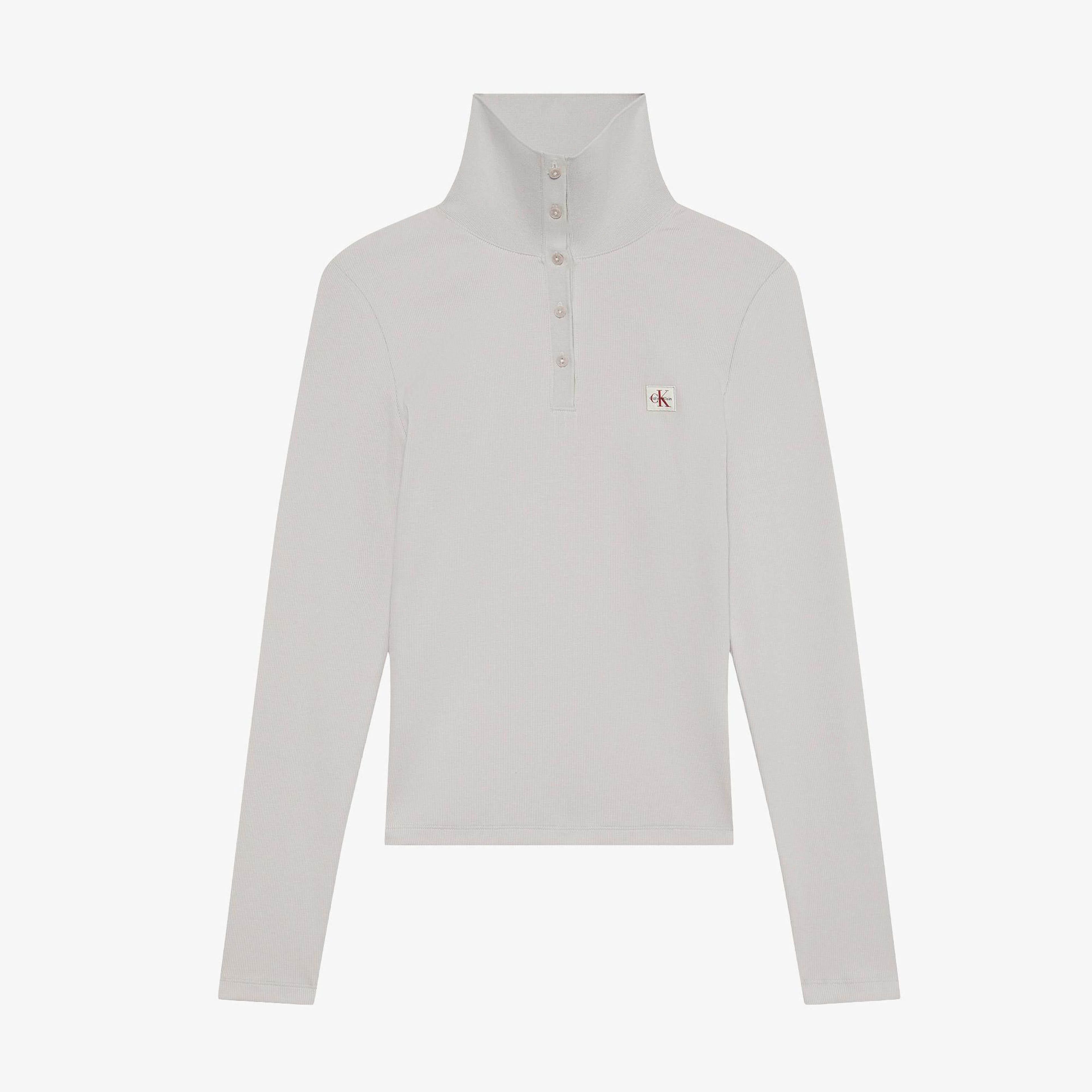 Calvin Klein Woven Label Henley Kadın Gri T-Shirt