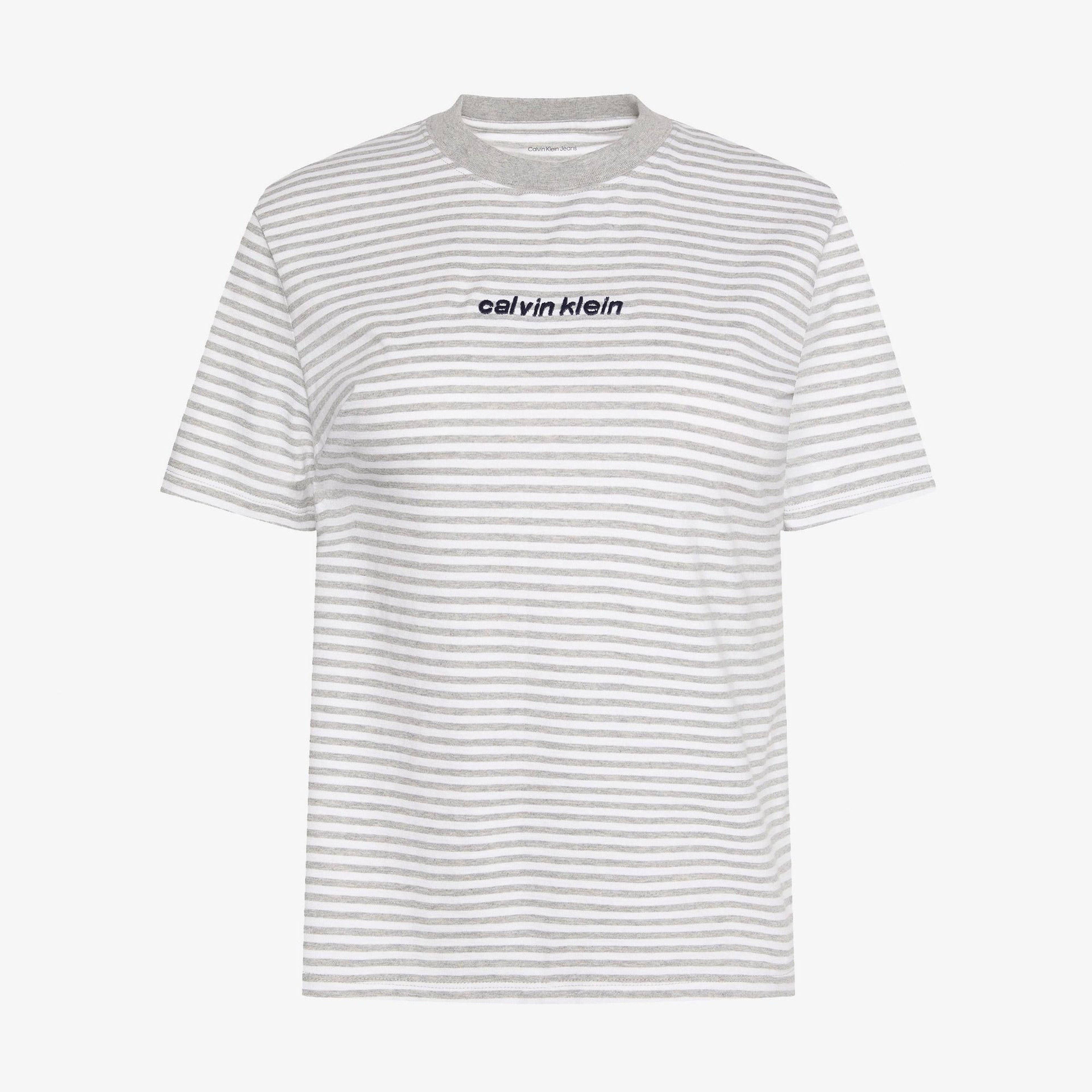 Calvin Klein Classic Stripe Logo Kadın Gri T-Shirt