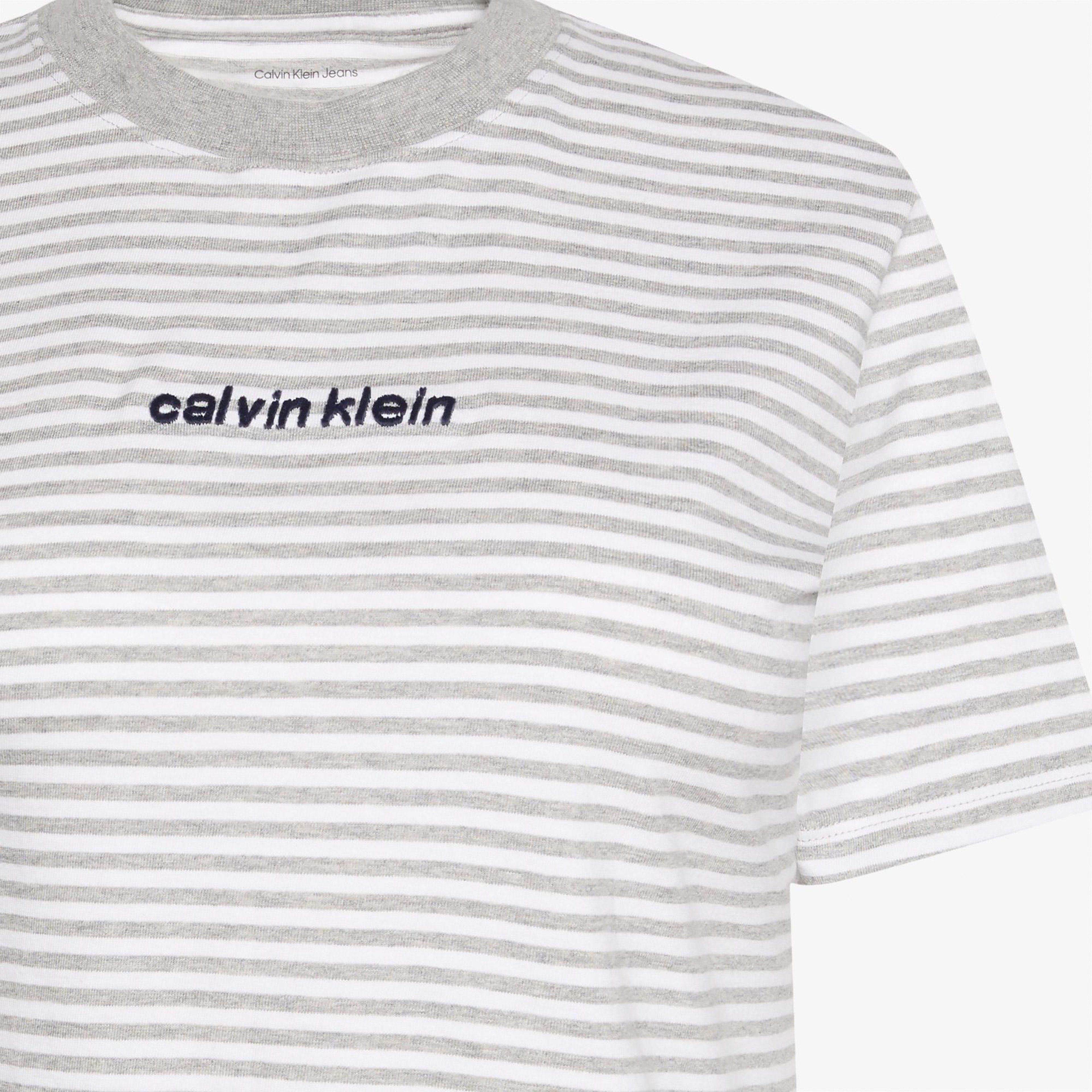 Calvin Klein Classic Stripe Logo Kadın Gri T-Shirt