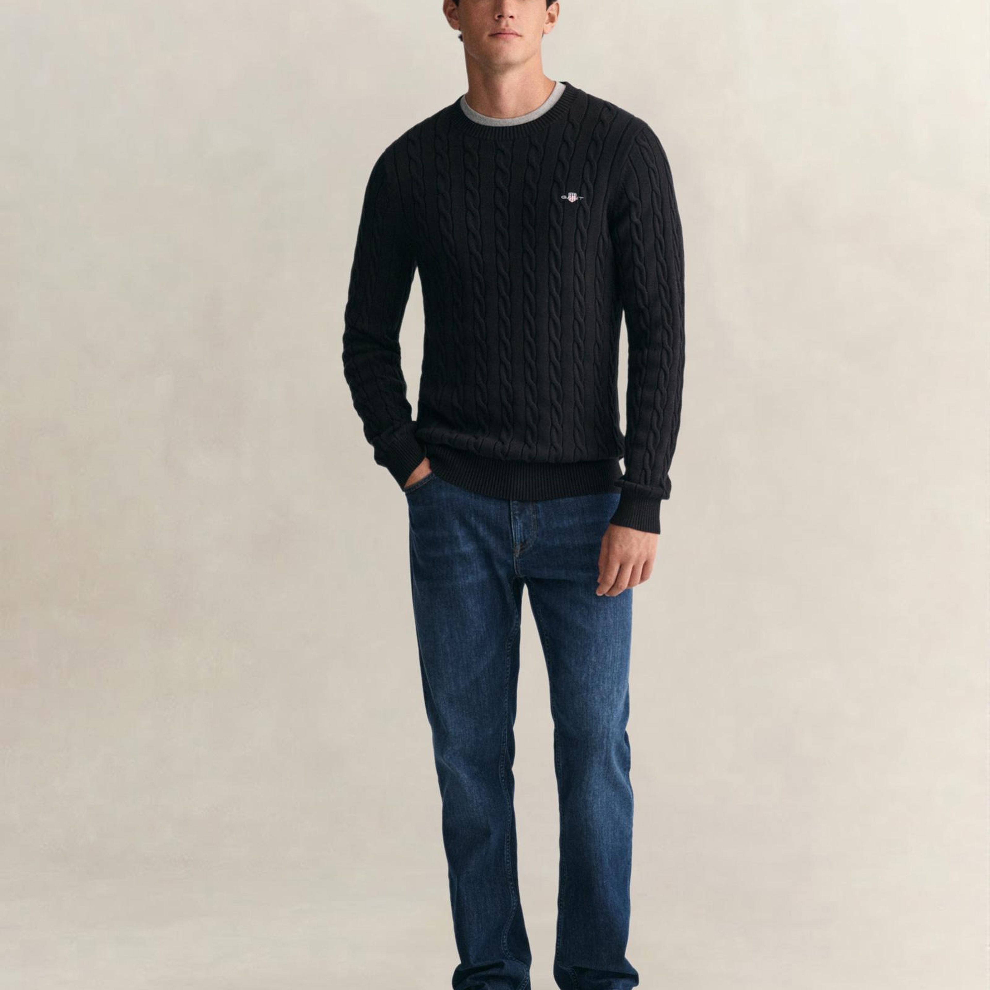 GANT Erkek Siyah Regular Fit Bisiklet Yaka Örgü Kazak