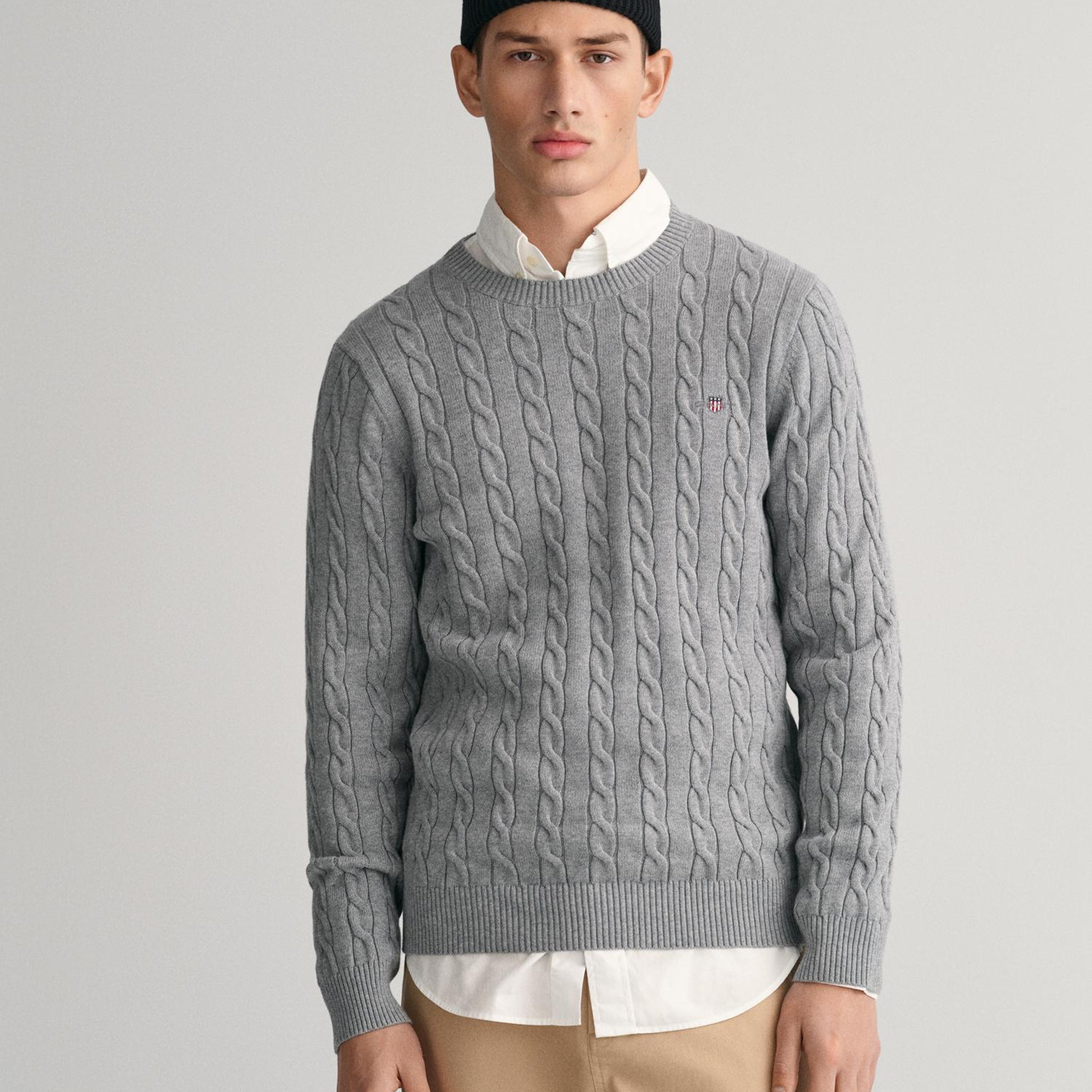 GANT Erkek Gri Regular Fit Bisiklet Yaka Örgü Kazak