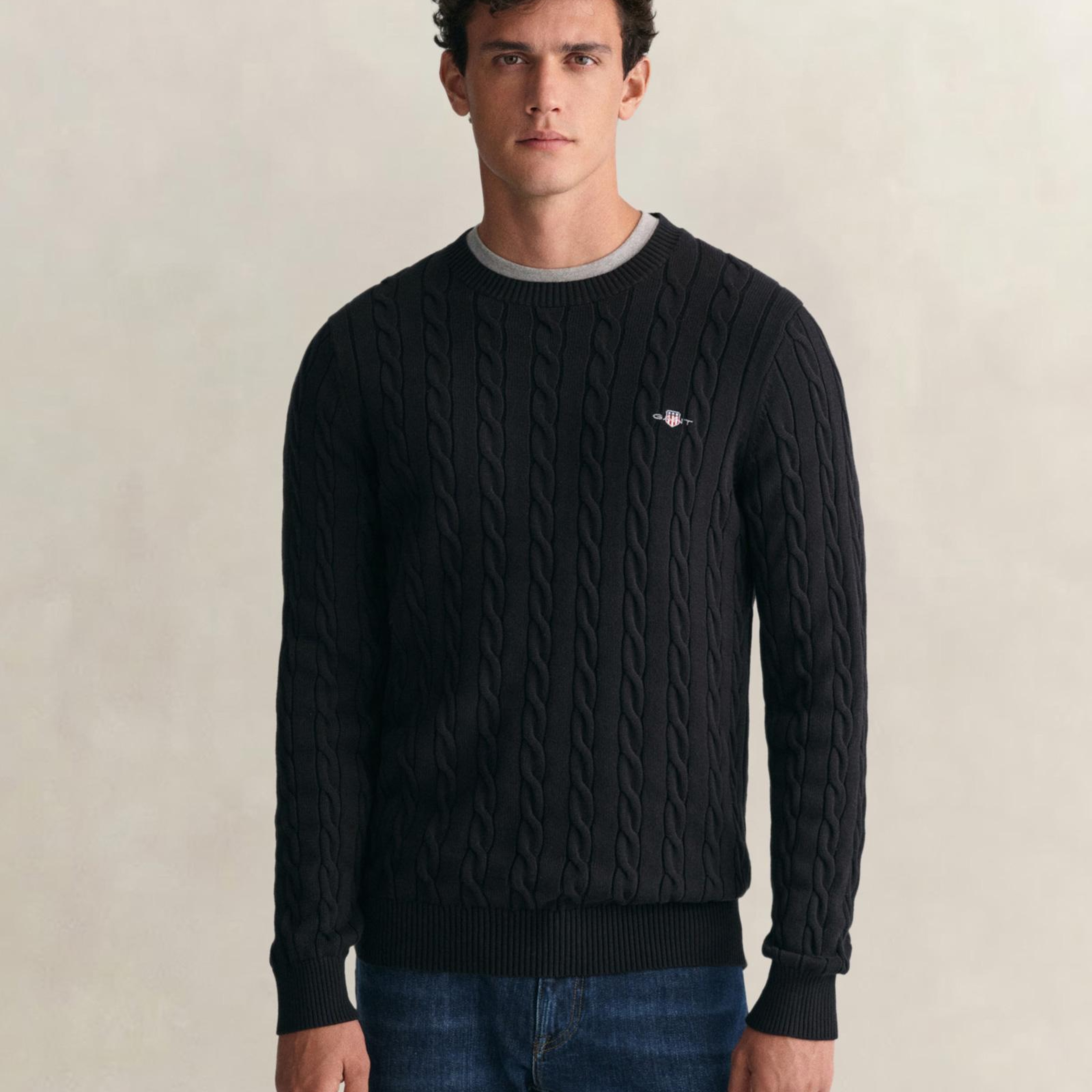 GANT Erkek Siyah Regular Fit Bisiklet Yaka Örgü Kazak