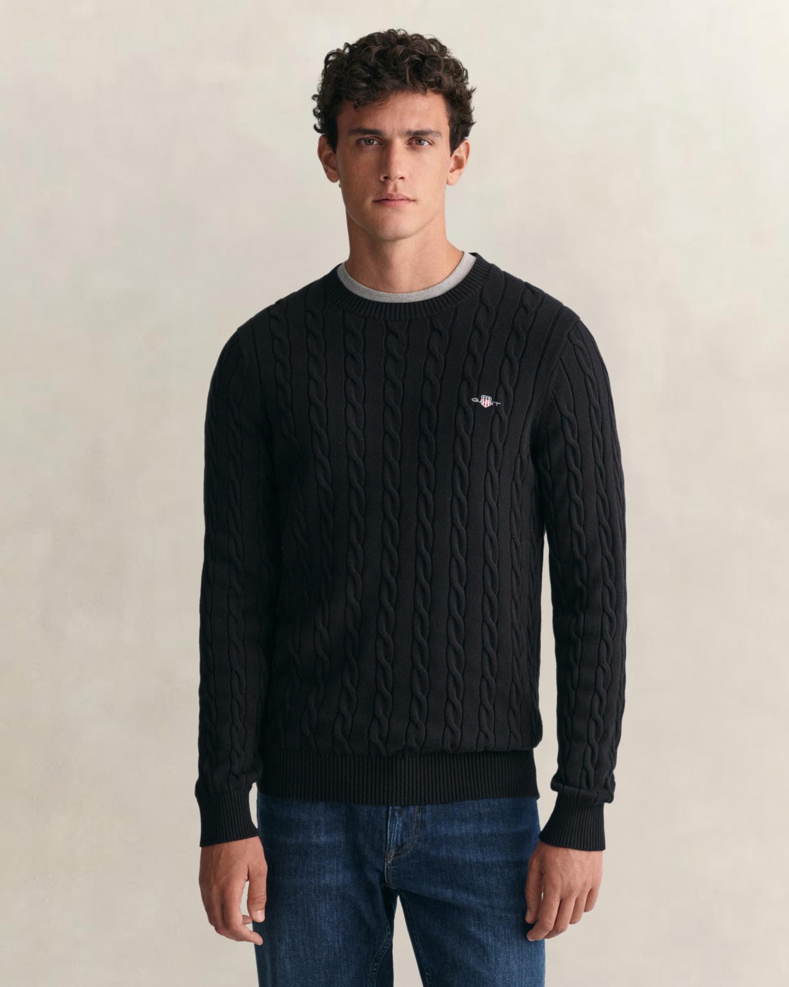 GANT Erkek Siyah Regular Fit Bisiklet Yaka Örgü Kazak