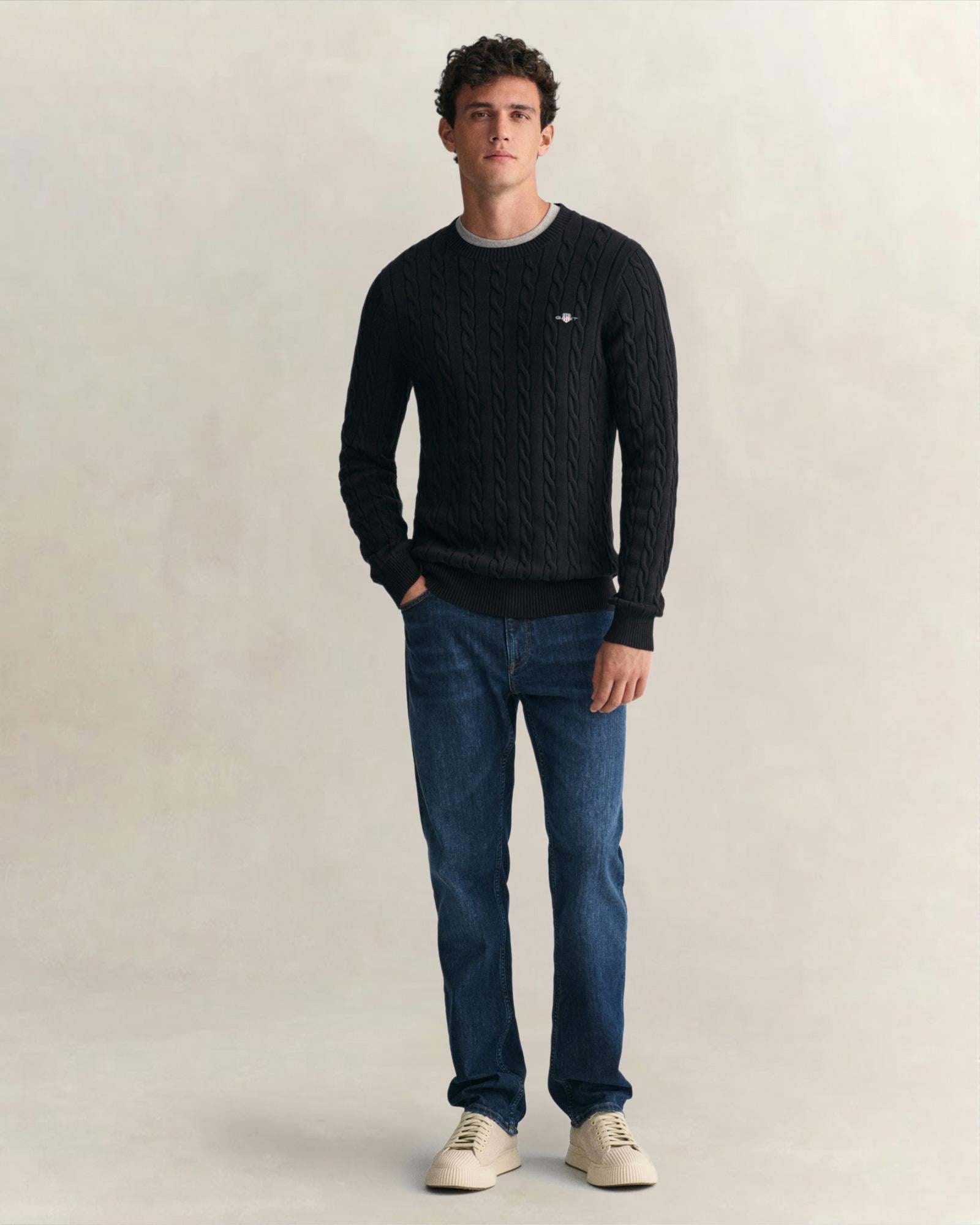 GANT Erkek Siyah Regular Fit Bisiklet Yaka Örgü Kazak
