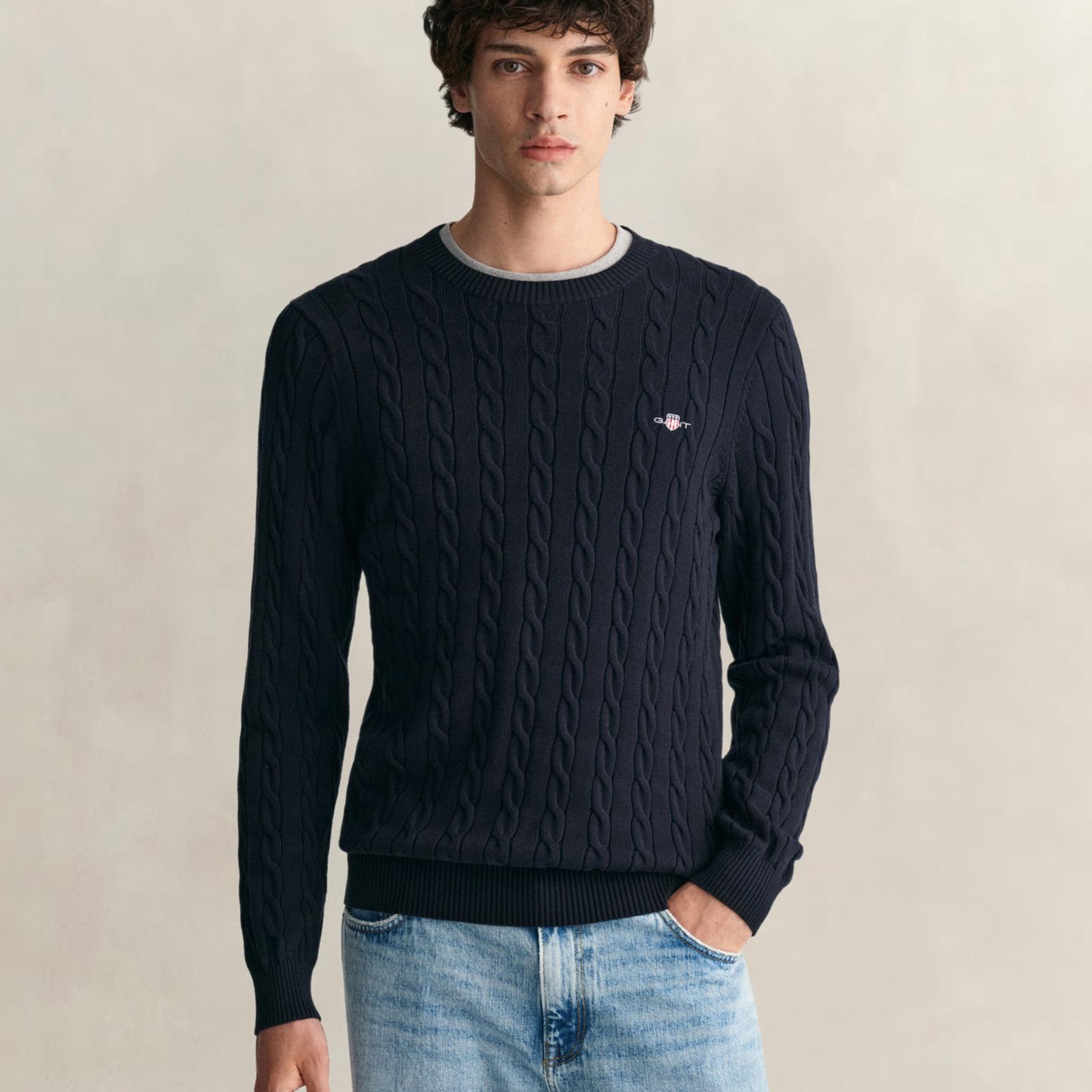 GANT Erkek Lacivert Regular Fit Bisiklet Yaka Örgü Kazak