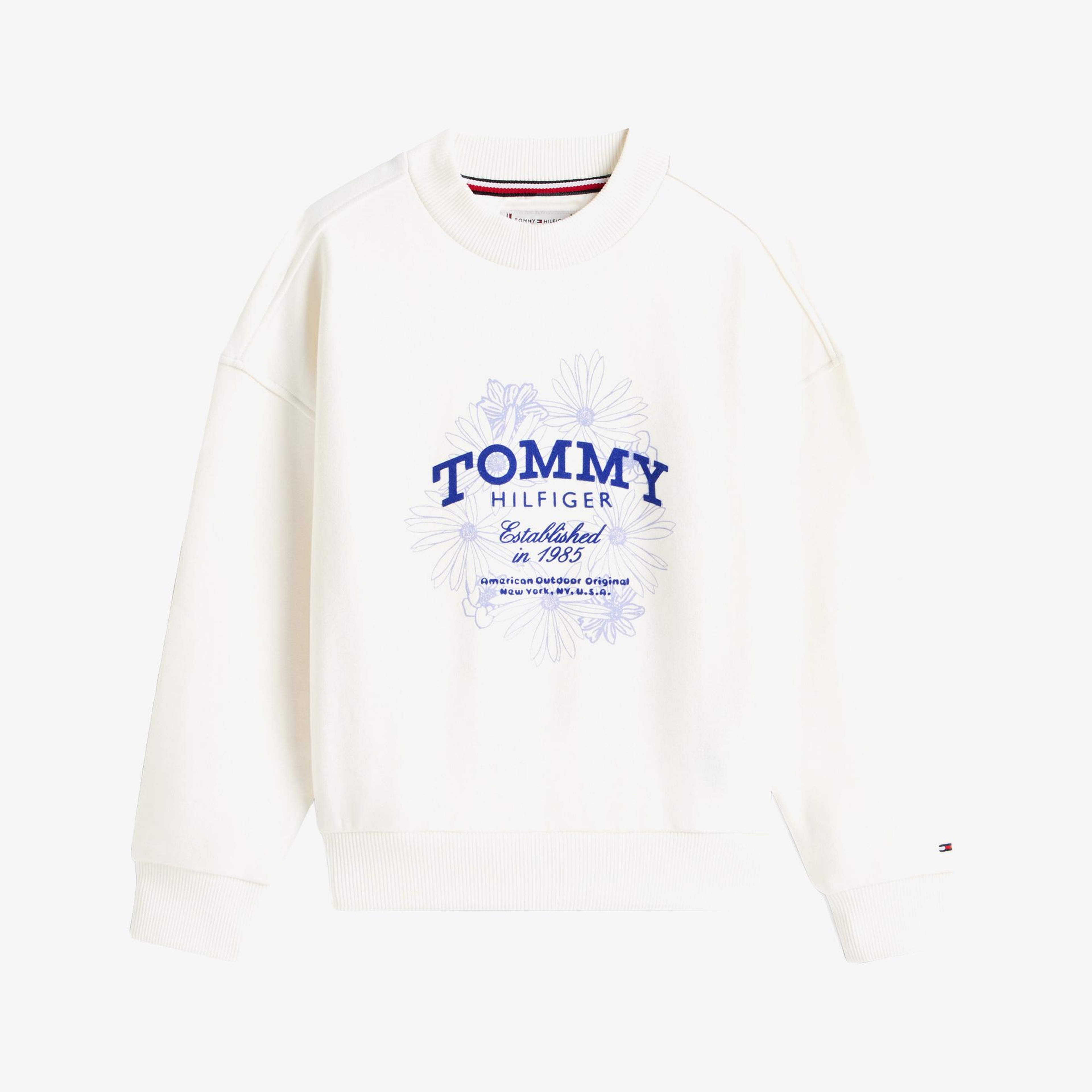 Tommy Hilfiger Flock Flower Crew Neck Çocuk Beyaz Sweatshirt