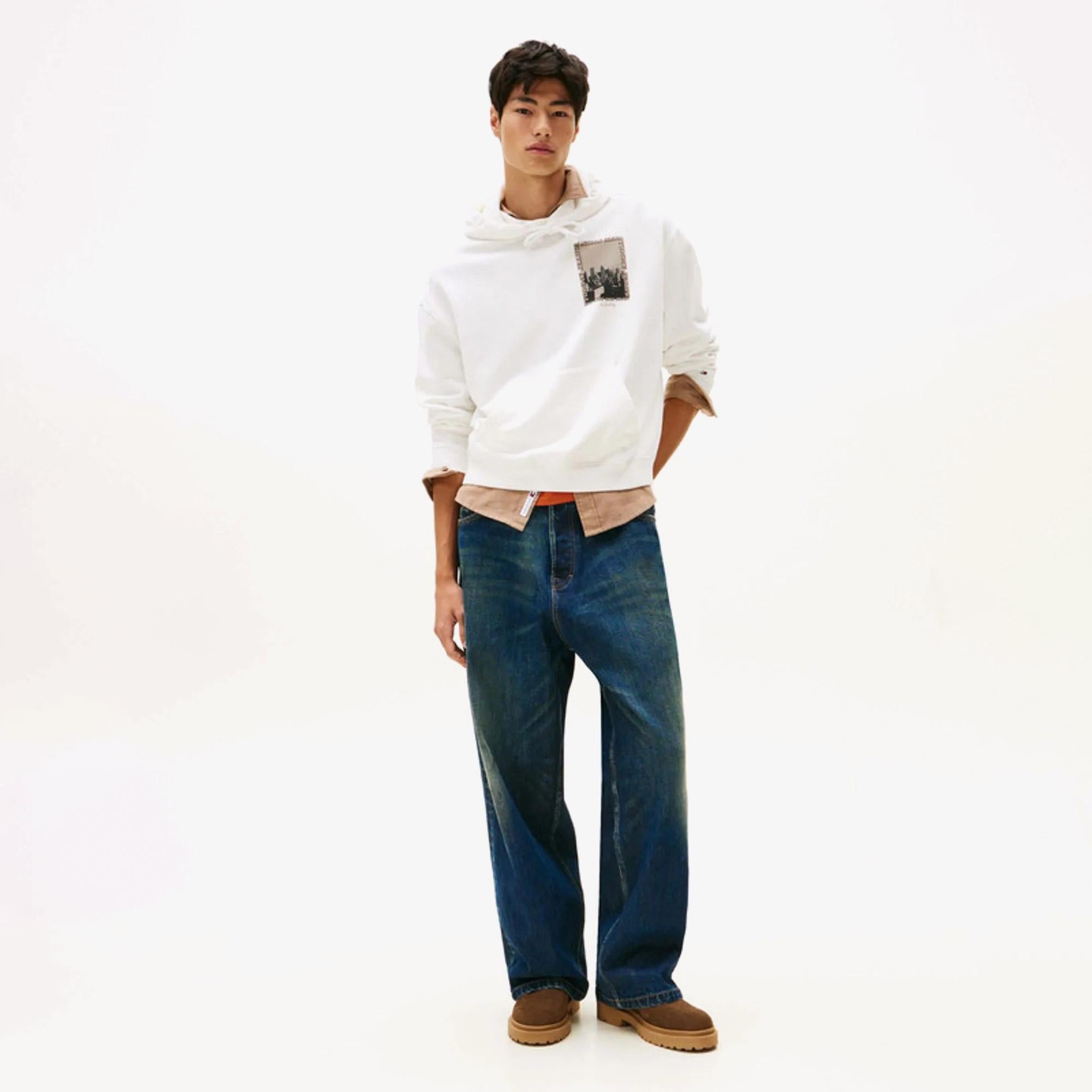 Tommy Hilfiger 90s Washed Photo City Erkek Beyaz Sweatshirt
