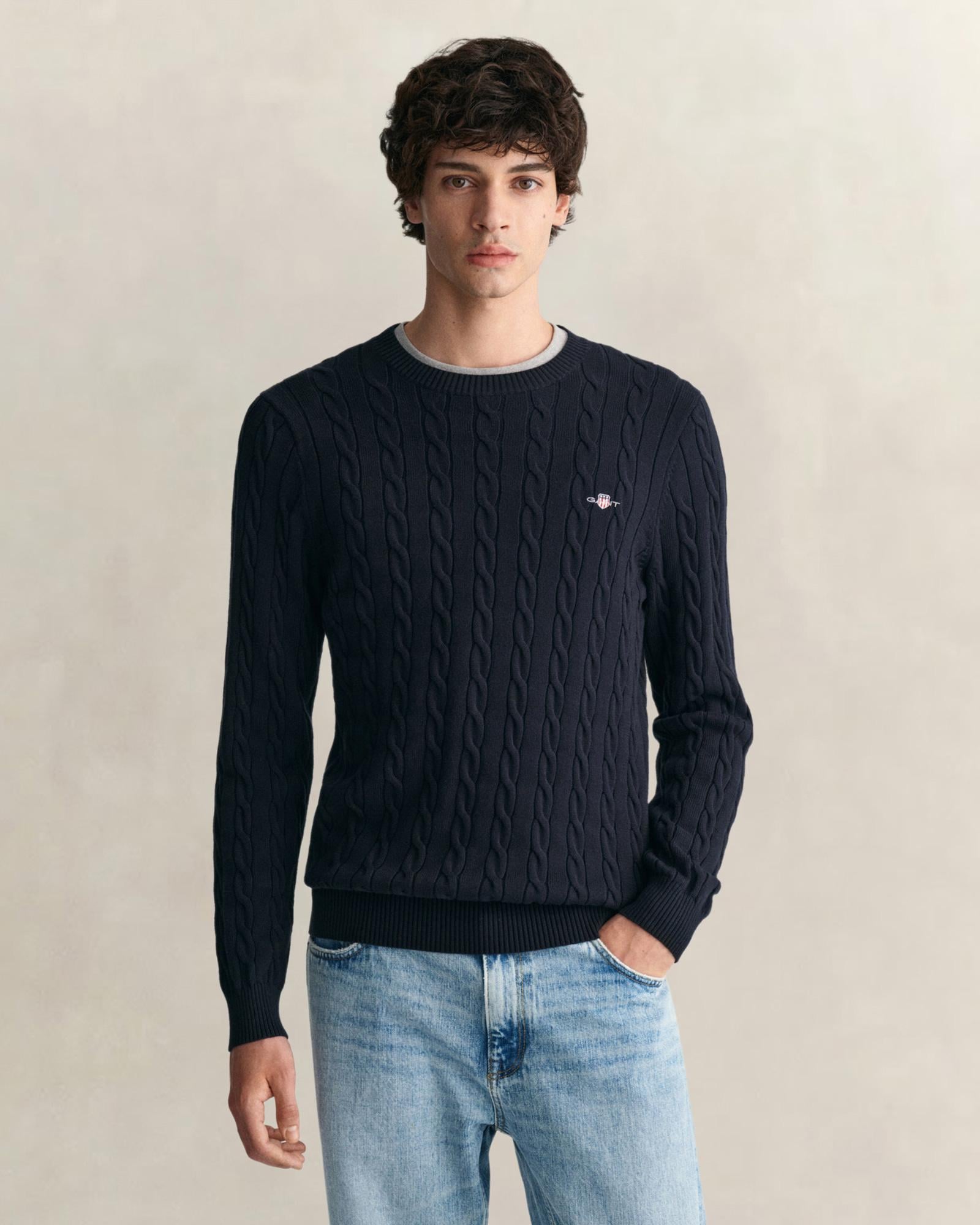 GANT Erkek Lacivert Regular Fit Bisiklet Yaka Örgü Kazak