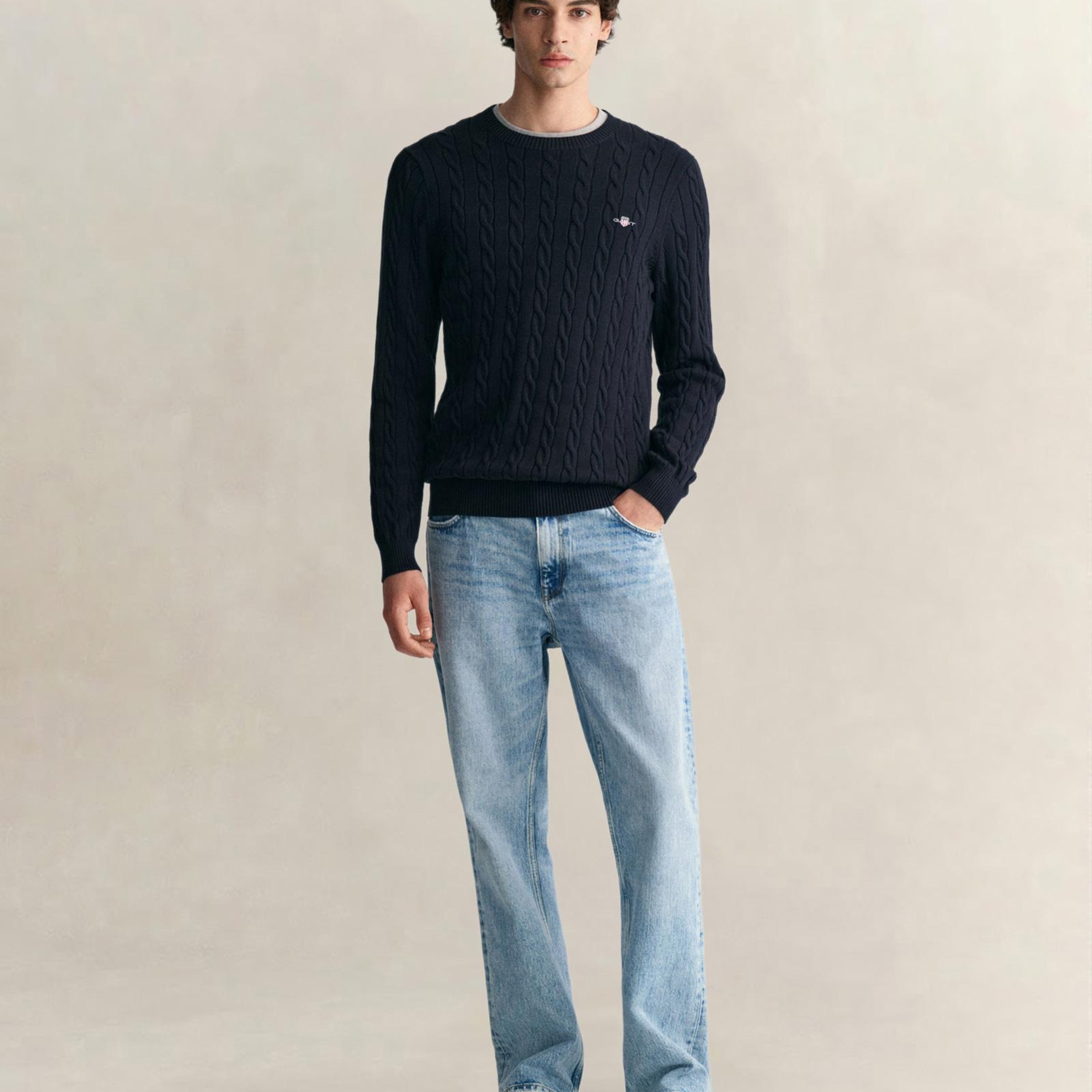 GANT Erkek Lacivert Regular Fit Bisiklet Yaka Örgü Kazak