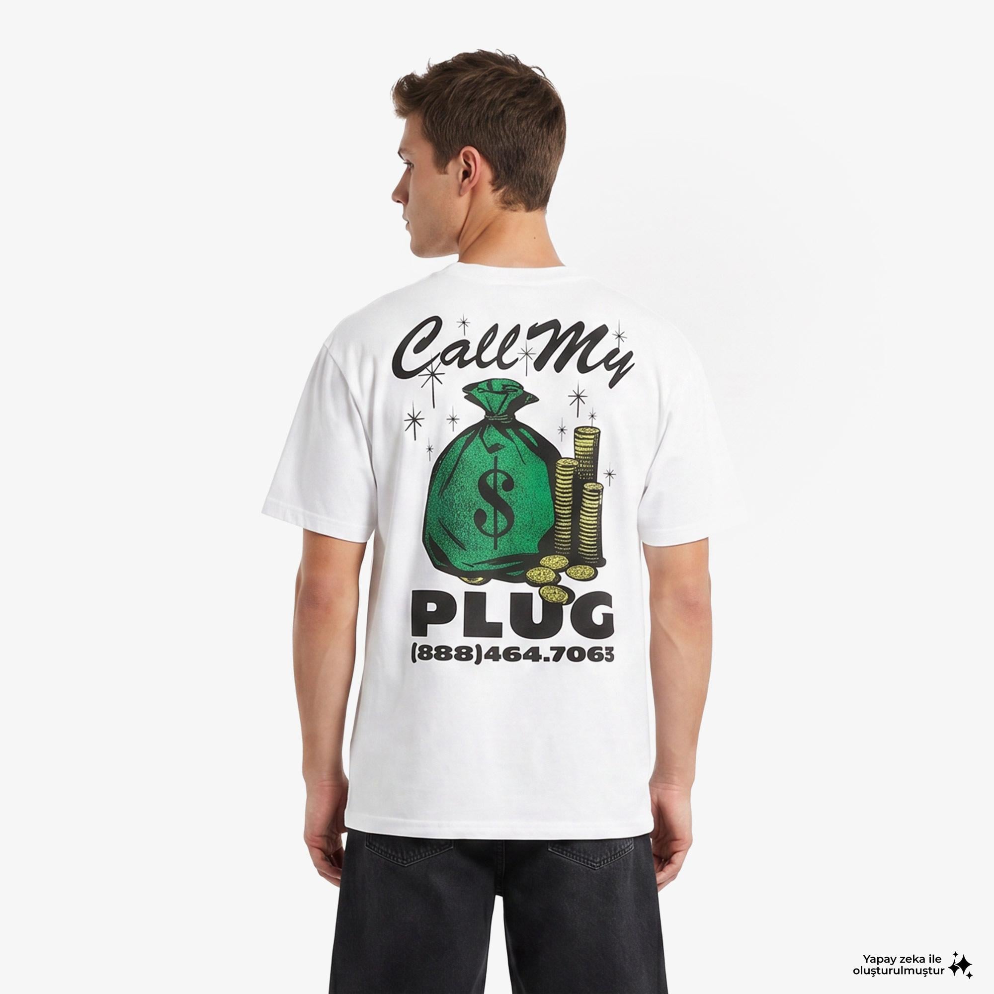 Market Call My Plug Erkek Beyaz T-Shirt