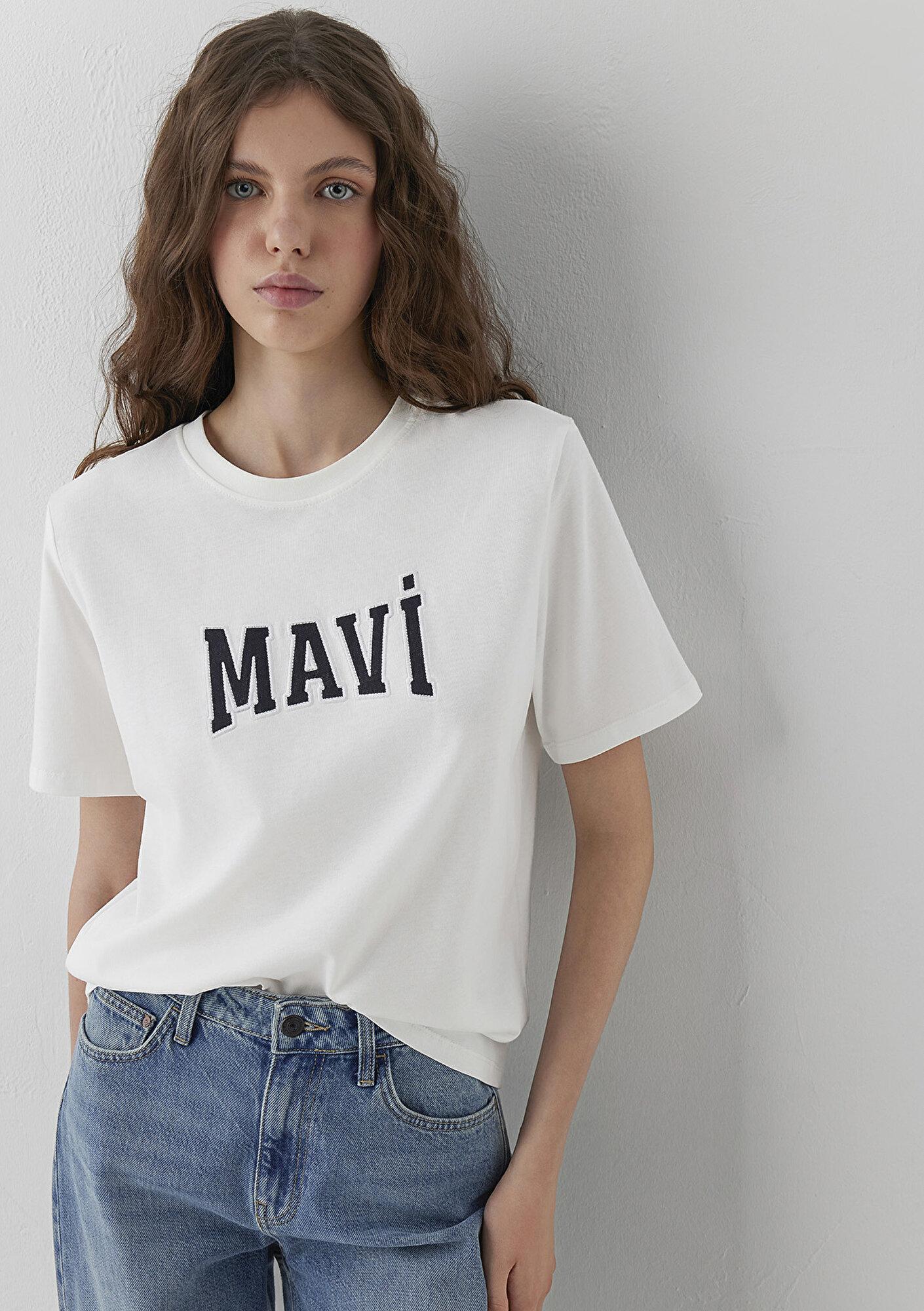 Mavi Mavi Logo Baskılı Ekru Tişört Regular Fit / Normal Kesim 1614376-70057