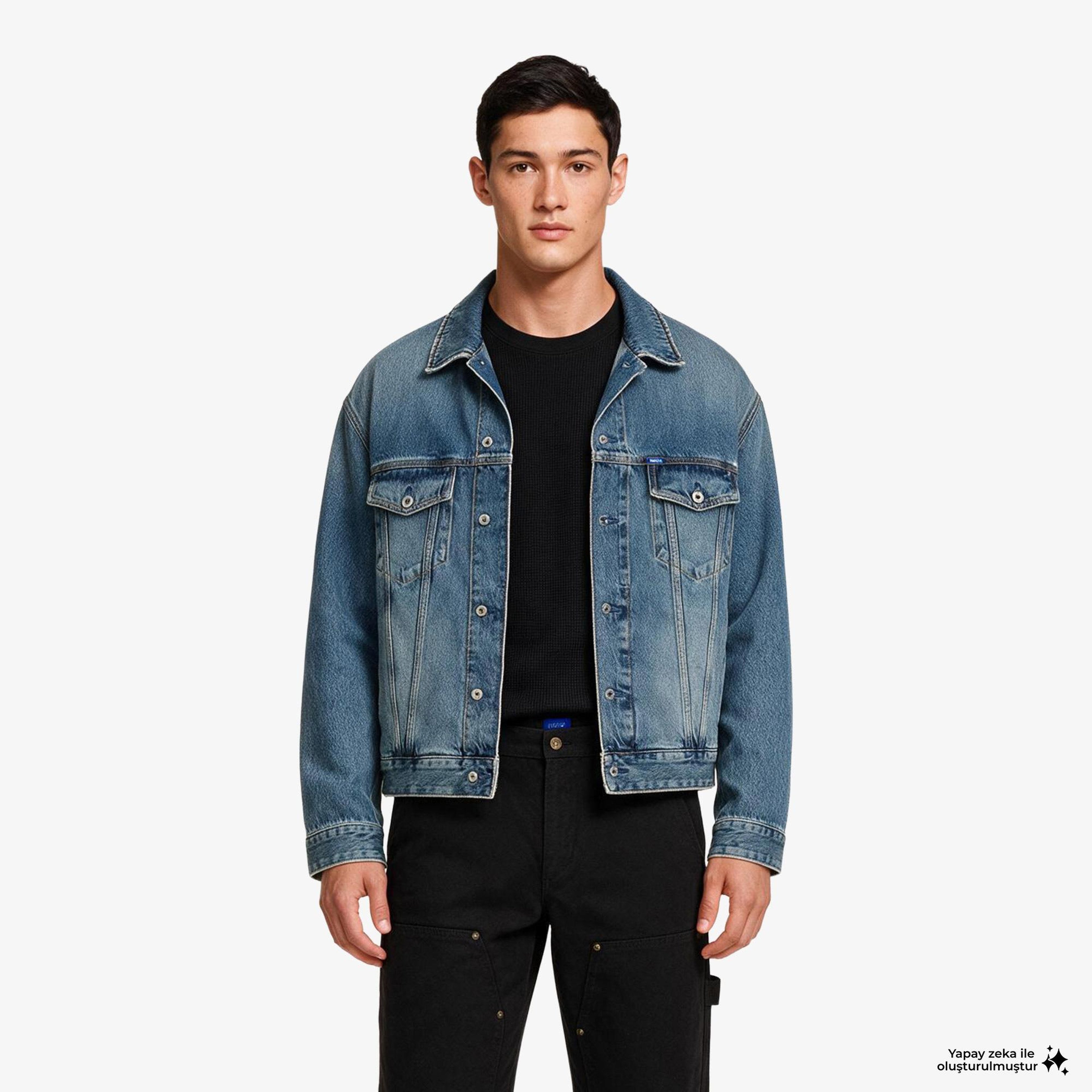 Hugo Loose Fit Stonewashed Erkek Mavi Denim Ceket