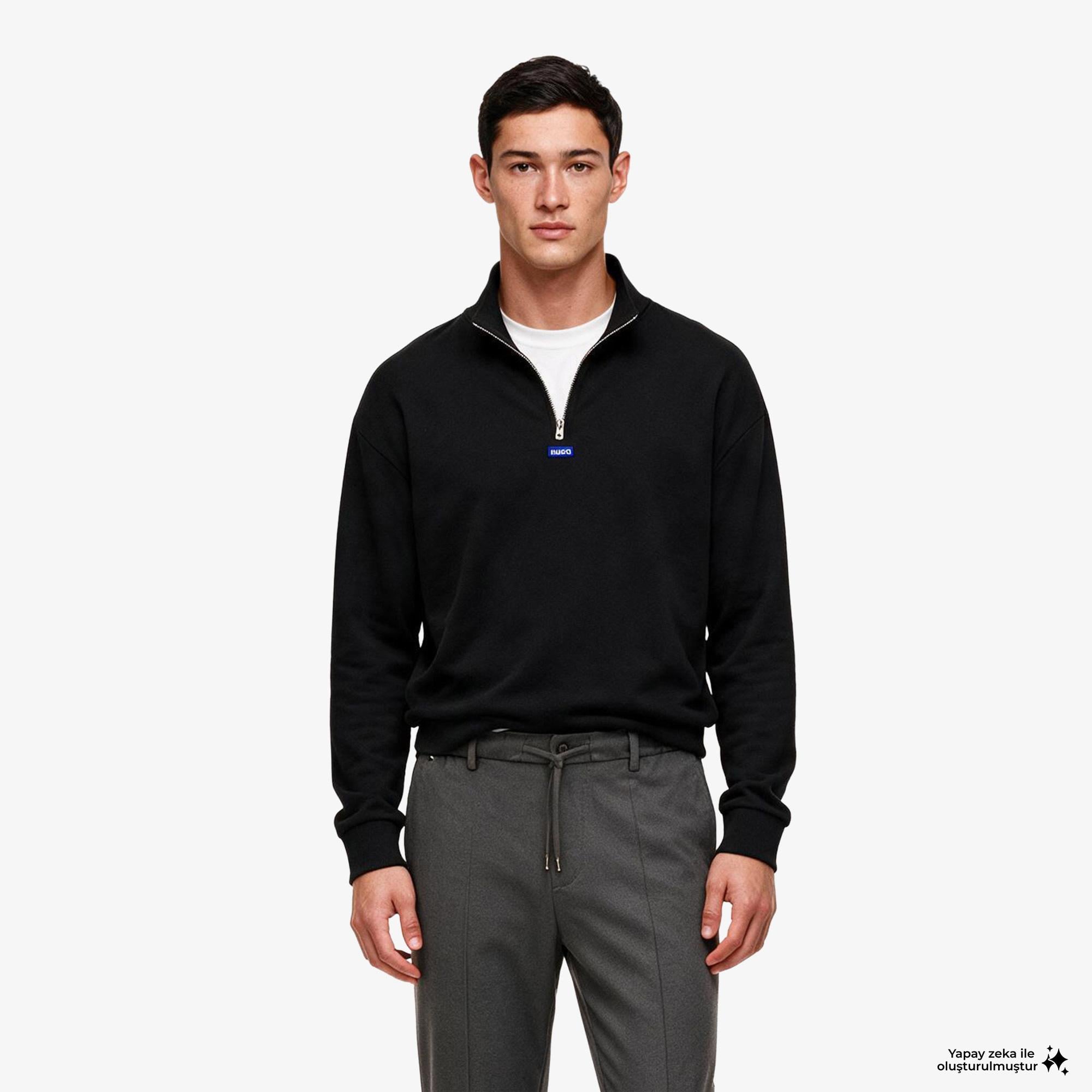 Hugo Neeler Half Zip Erkek Siyah Sweatshirt