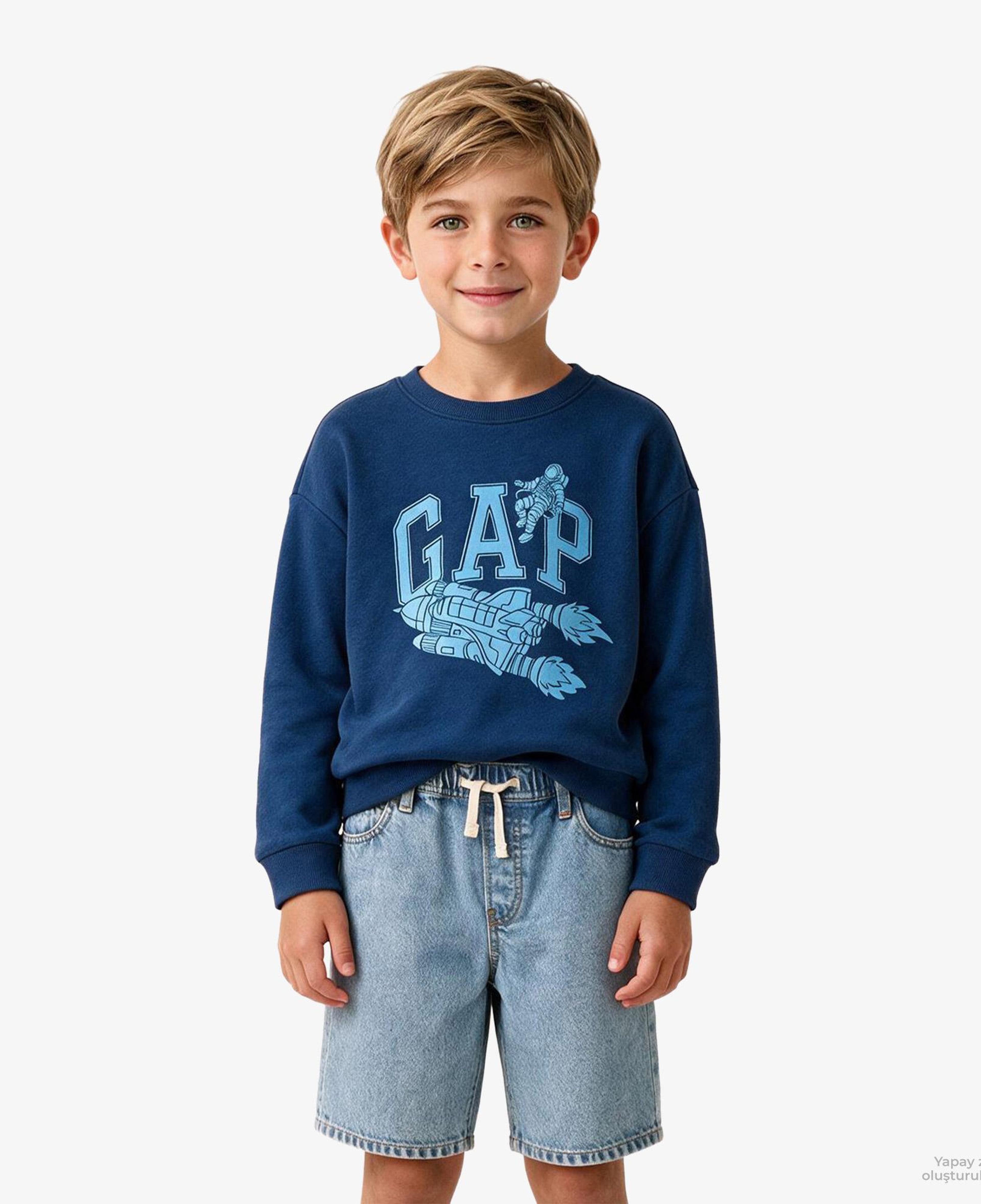 Gap V-Frch Ft Oversİzed Logo Crew Çocuk Mavi Sweatshirt