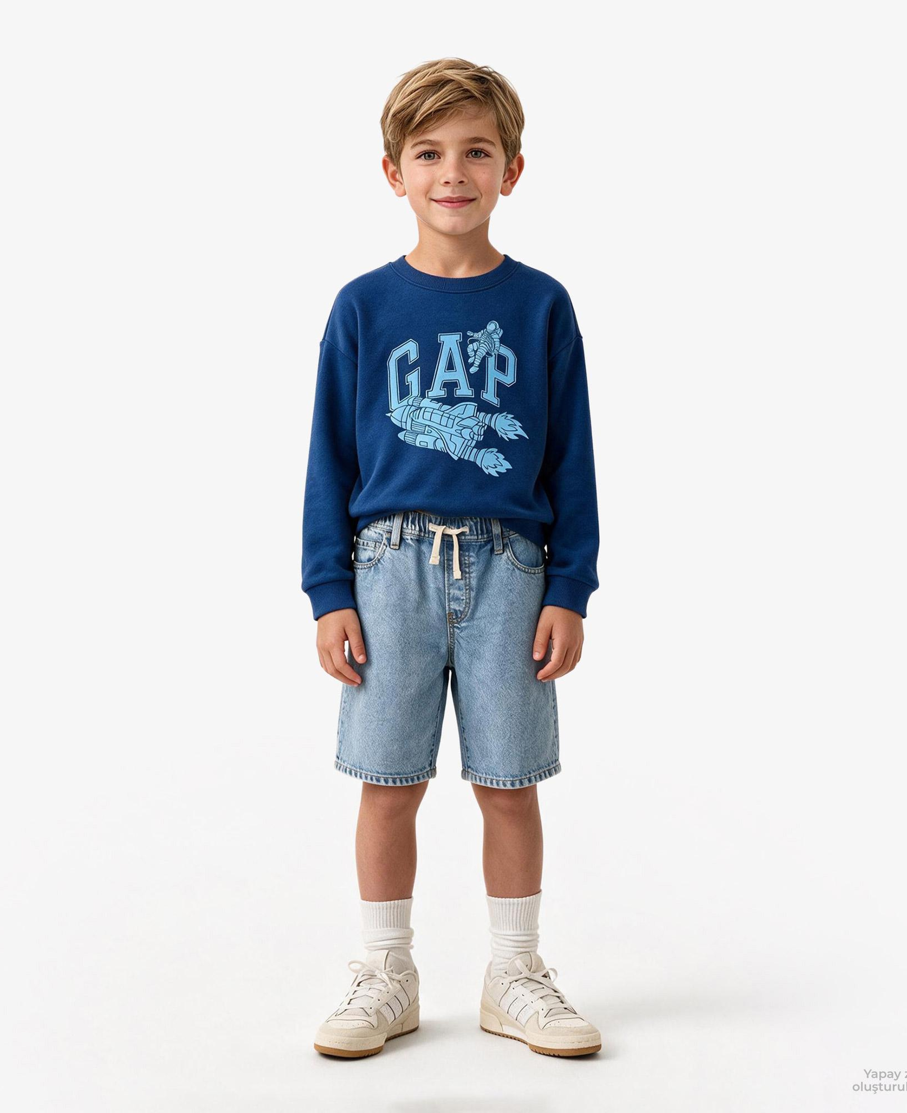 Gap V-Frch Ft Oversİzed Logo Crew Çocuk Mavi Sweatshirt