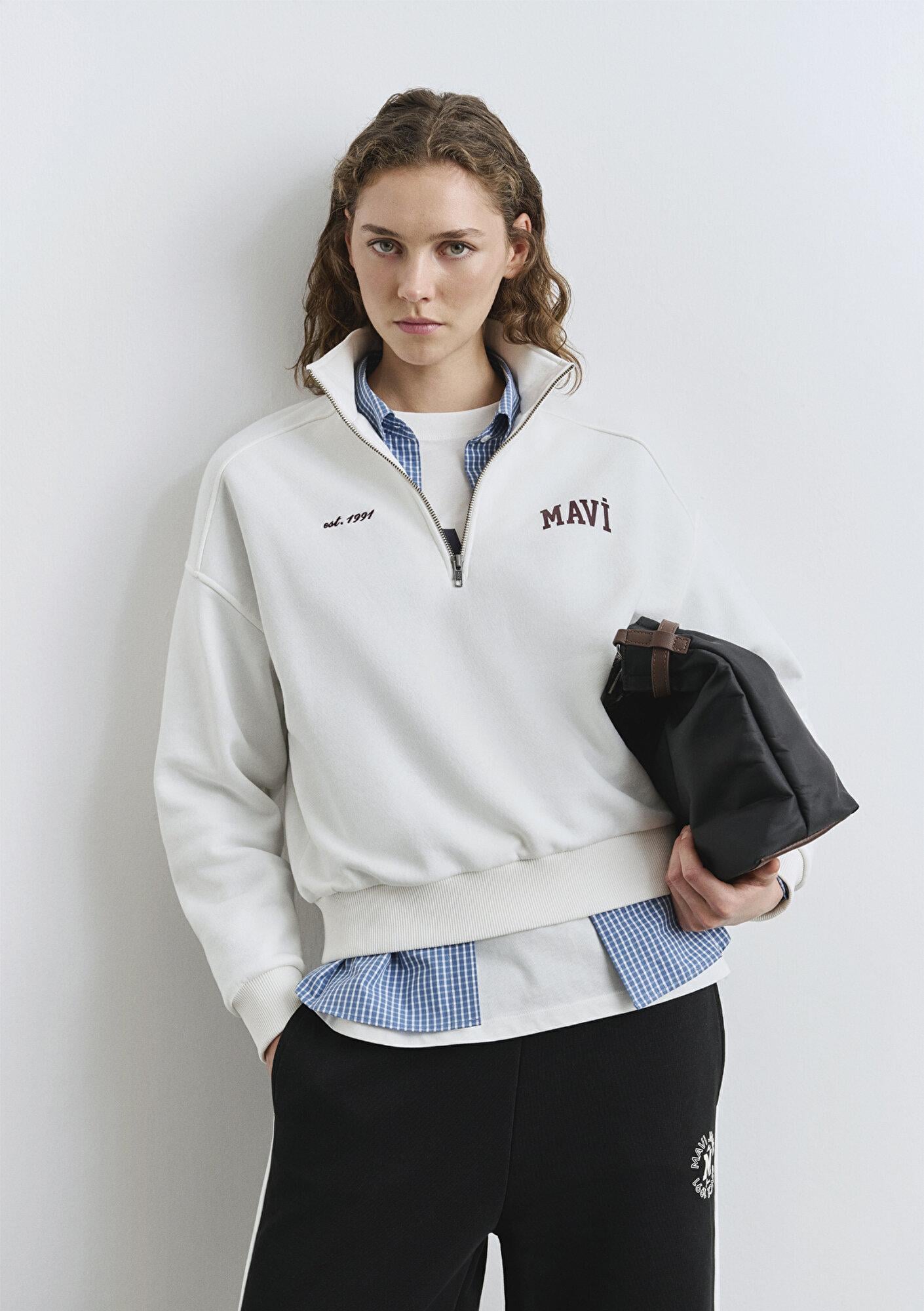 Mavi Mavi Logo Baskılı Yarı Fermuarlı Ekru Sweatshirt 1S10373-70057