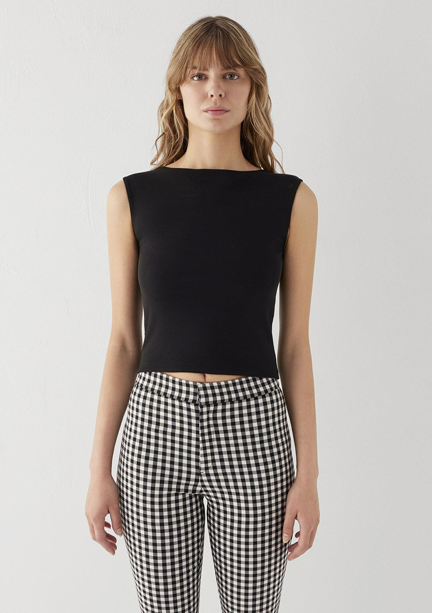Mavi Siyah Crop Tişört Fitted / Vücuda Oturan Kesim 1614384-900