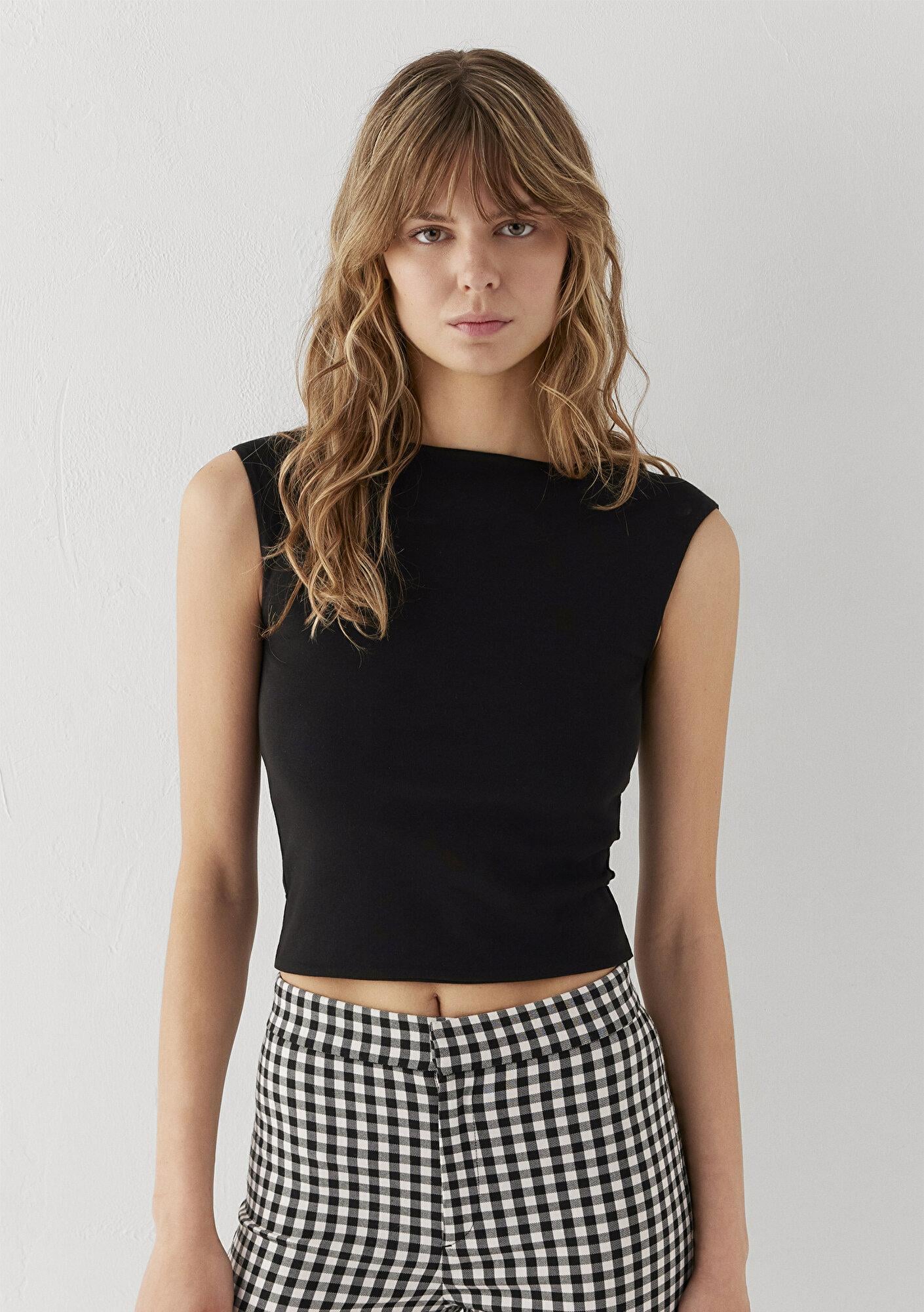 Mavi Siyah Crop Tişört Fitted / Vücuda Oturan Kesim 1614384-900