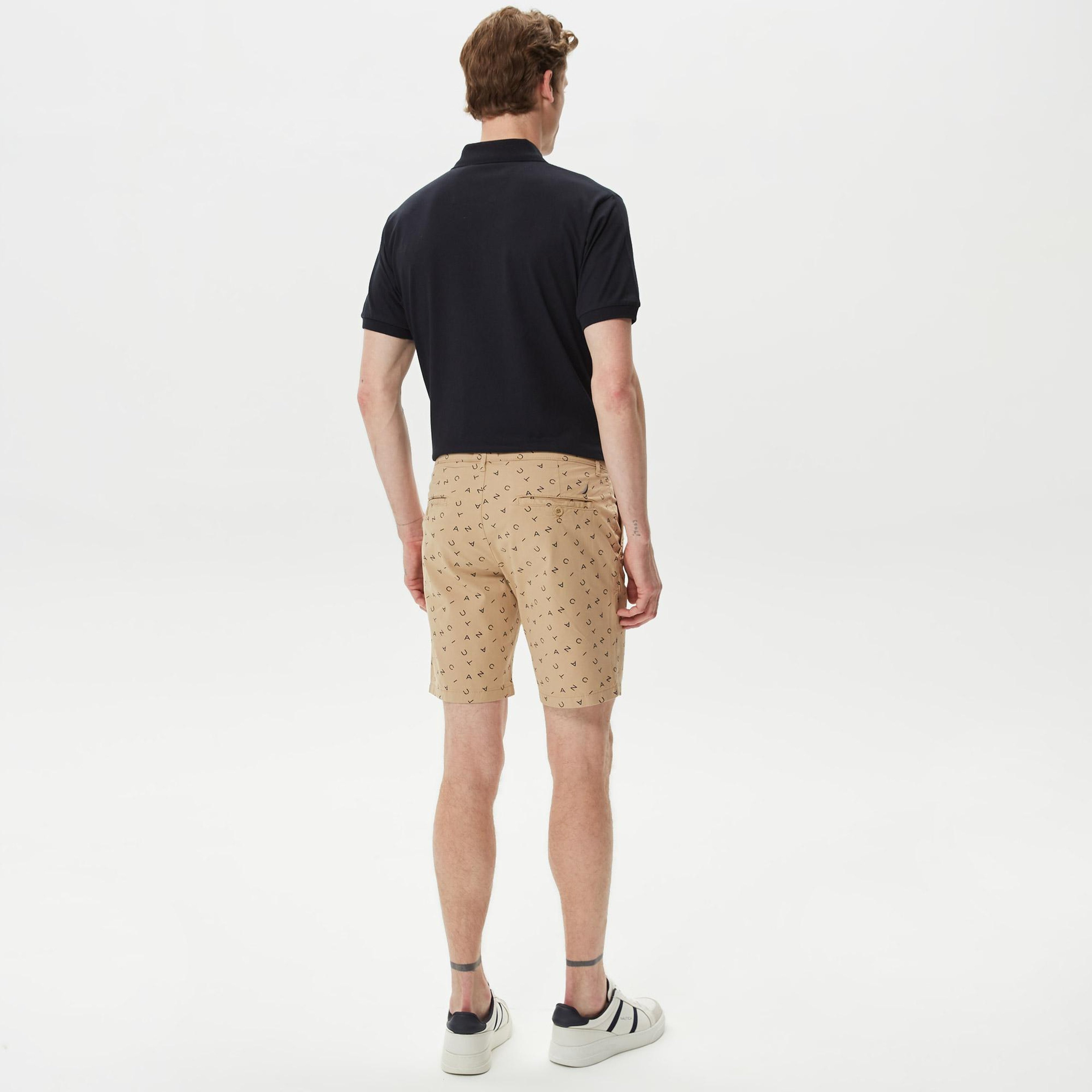 Nautica Erkek Bej Slim Fit Baskılı Bermuda