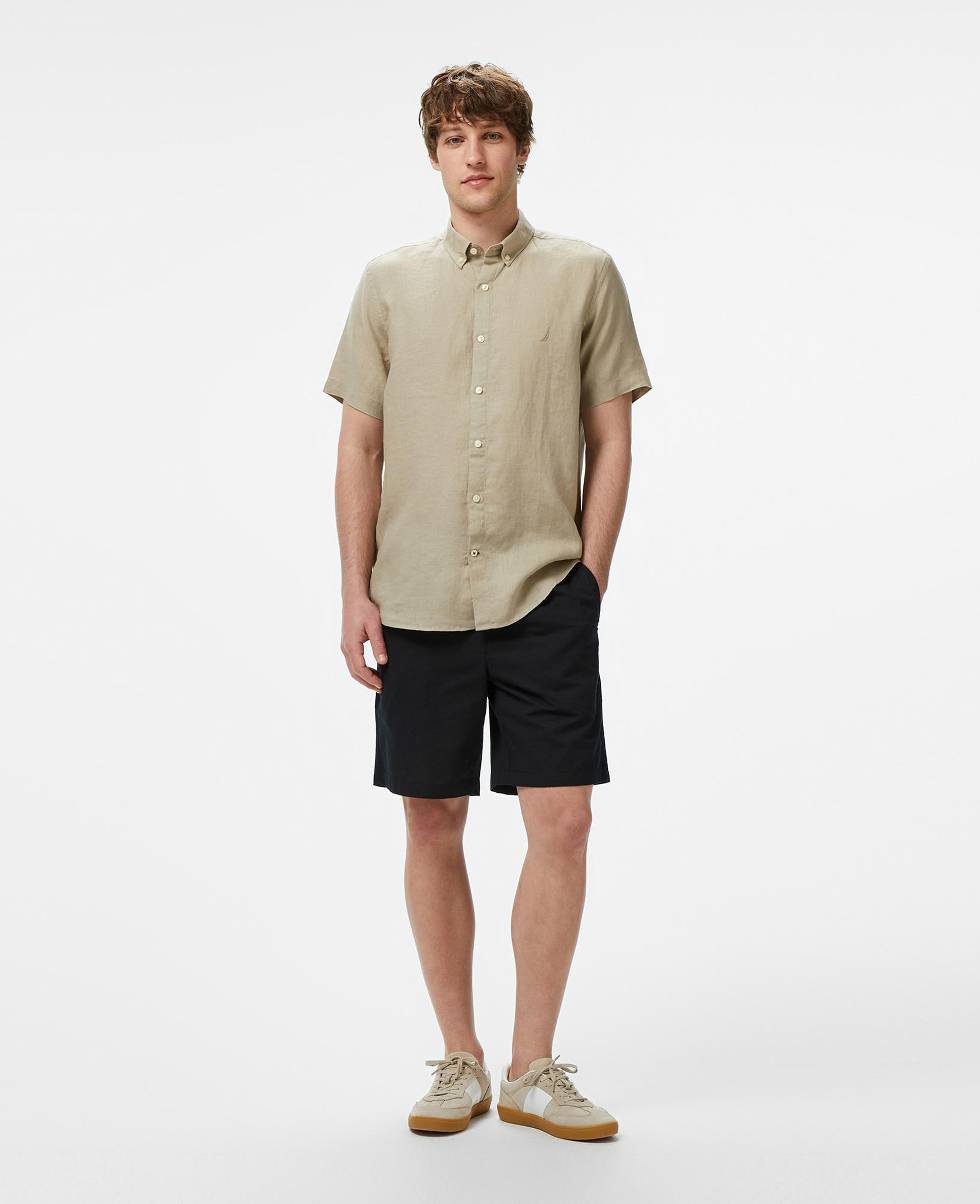 Nautica Erkek Bej Classic Fit Keten Gömlek