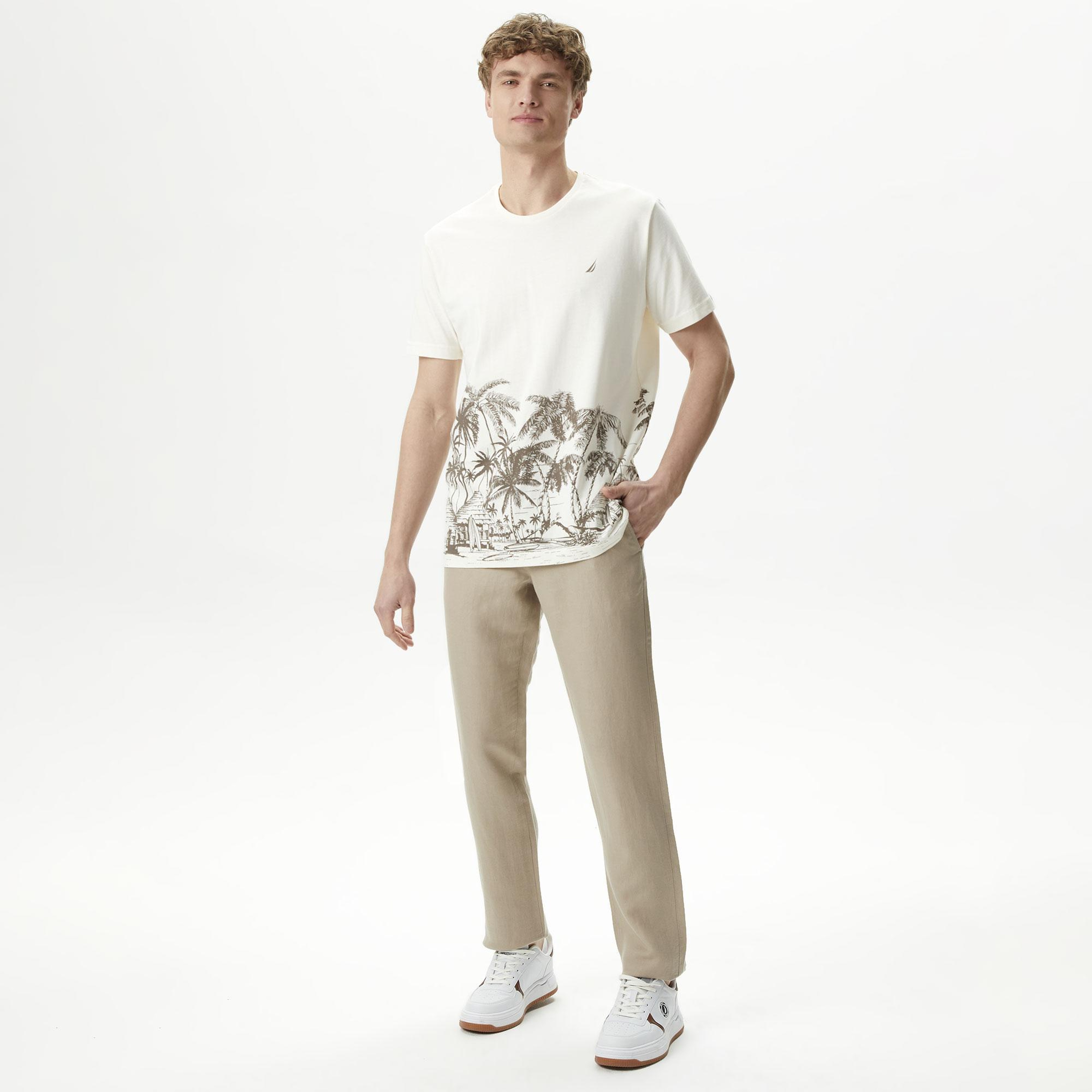 Nautica Erkek Bej Classic Fit Keten Karışımlı Pantolon