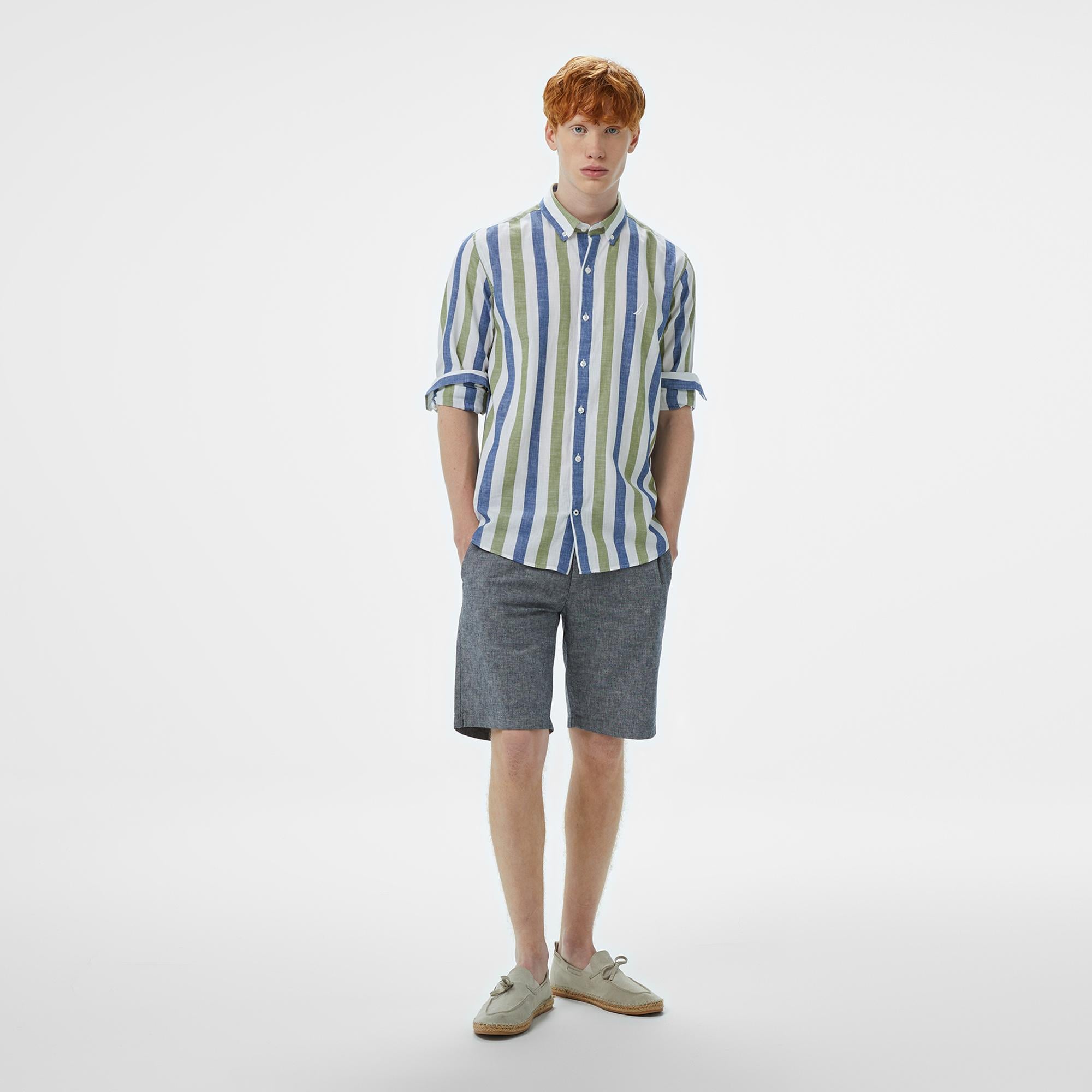 Nautica Erkek Yeşil Classic Fit Çizgili Keten Karışımlı Gömlek