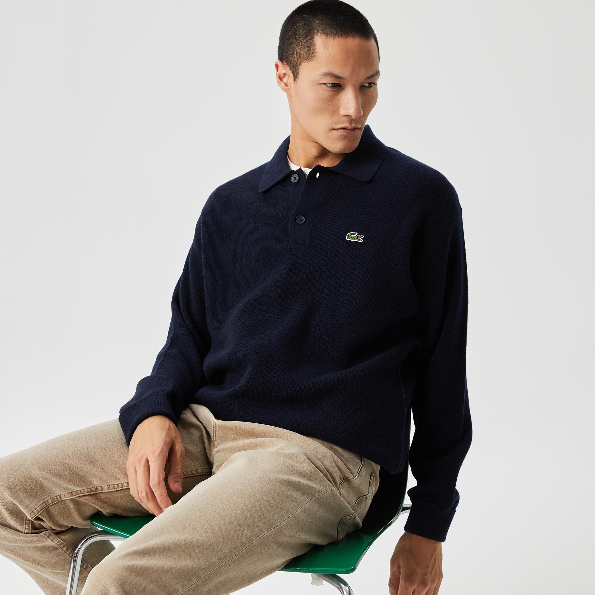 Erkek Relaxed Fit Polo Yaka Yün Lacivert Triko