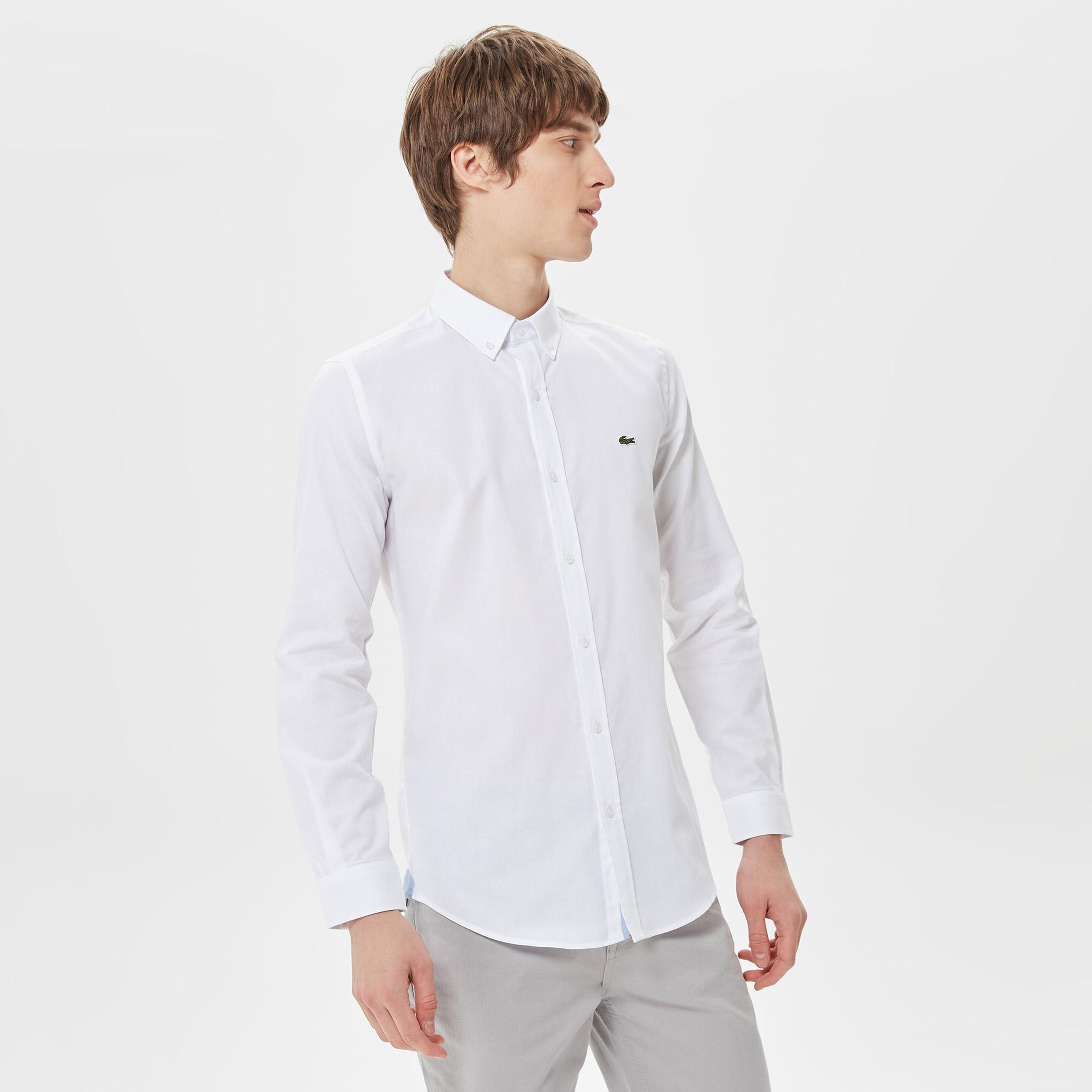 Erkek Slim Fit Düğmeli Yaka Beyaz Gömlek