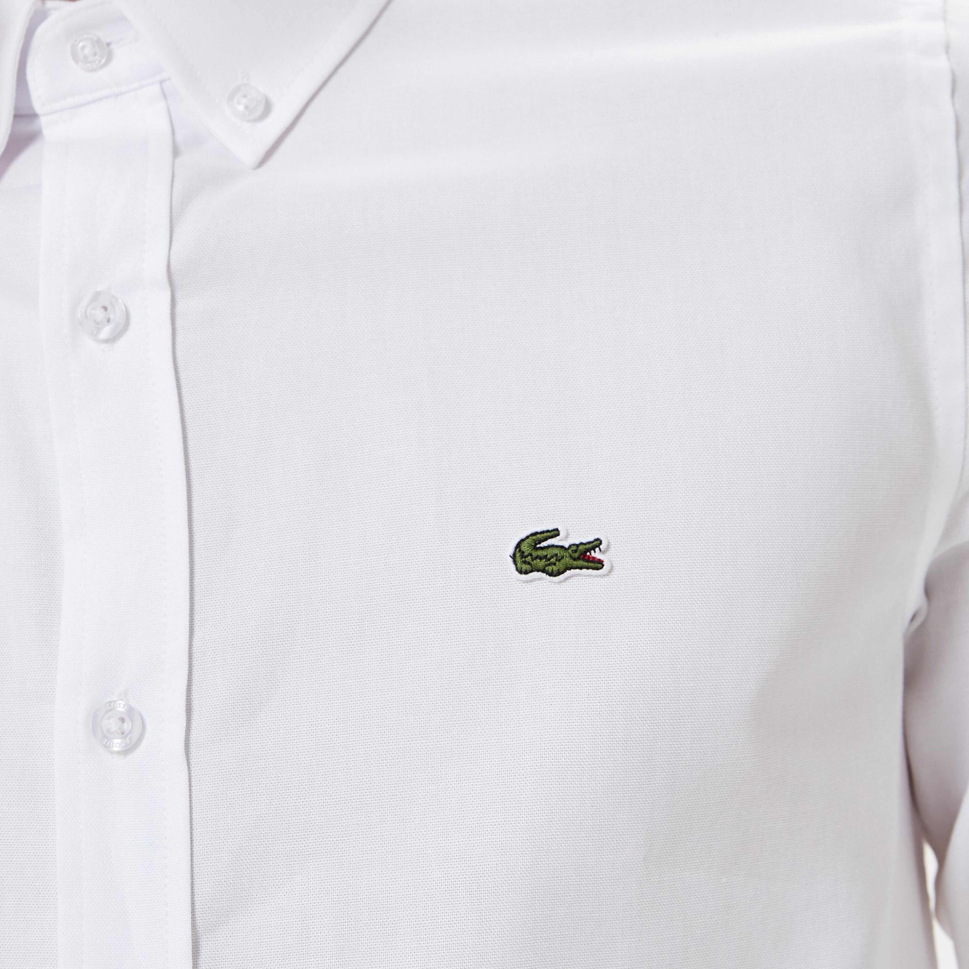 Erkek Slim Fit Düğmeli Yaka Beyaz Gömlek