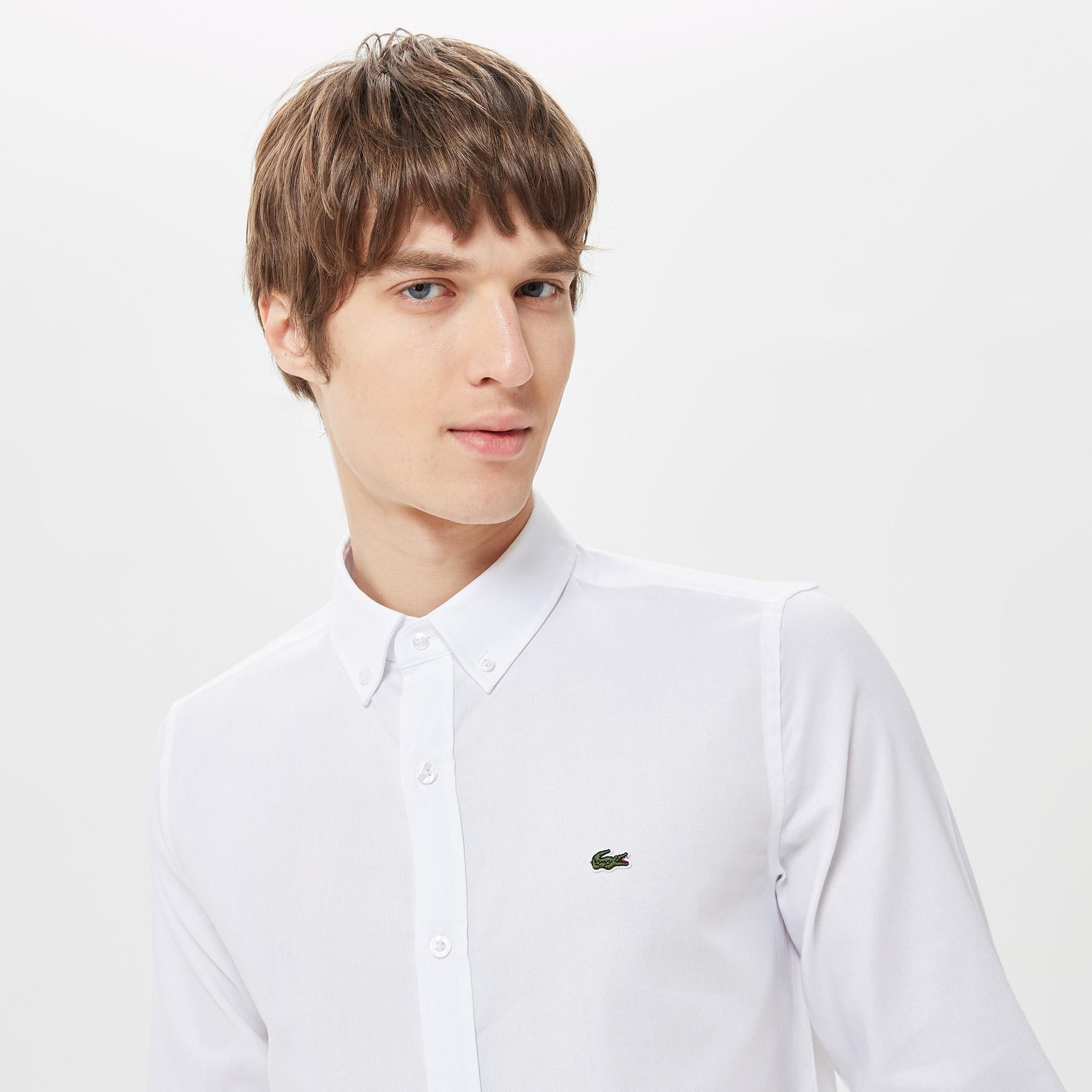 Erkek Slim Fit Düğmeli Yaka Beyaz Gömlek