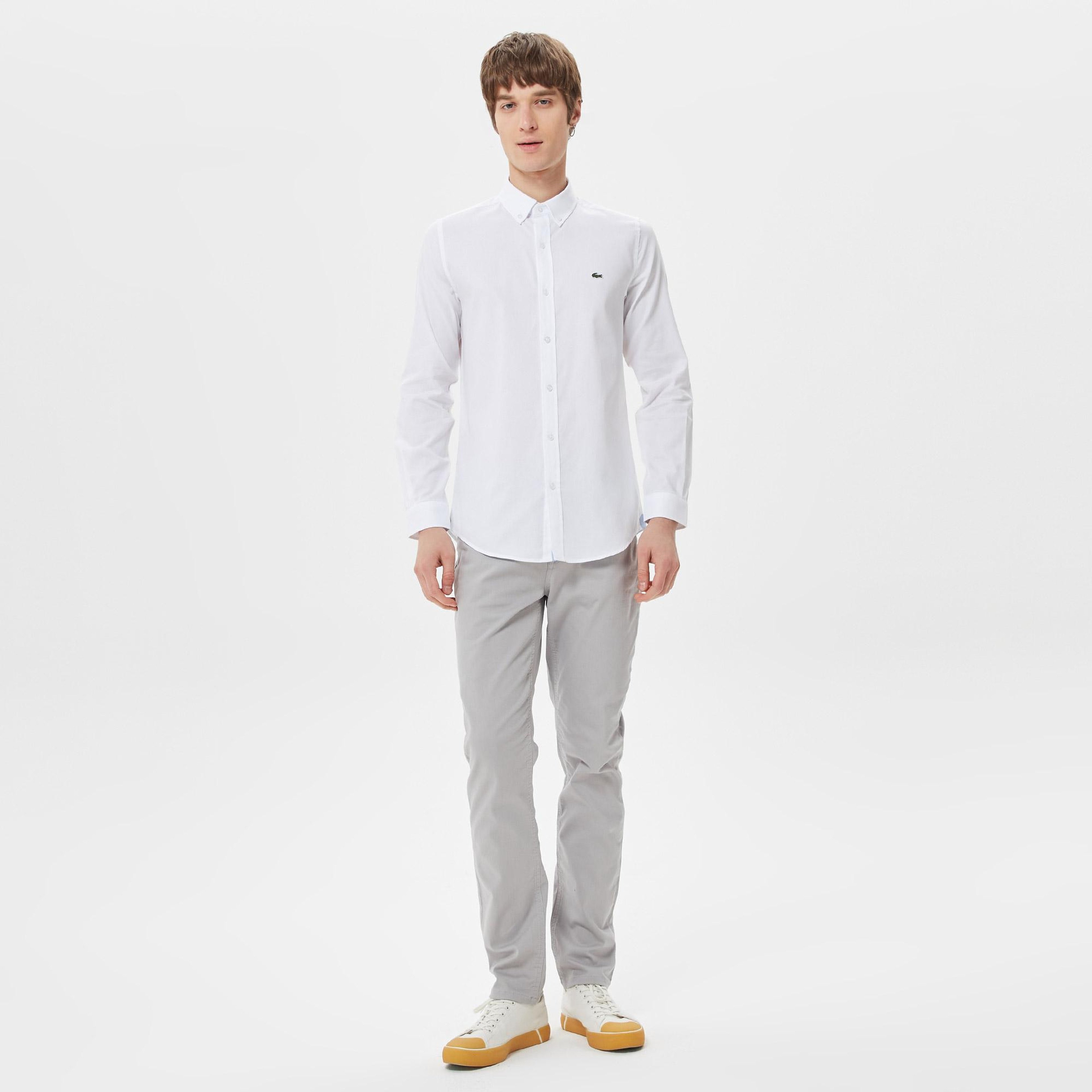 Erkek Slim Fit Düğmeli Yaka Beyaz Gömlek