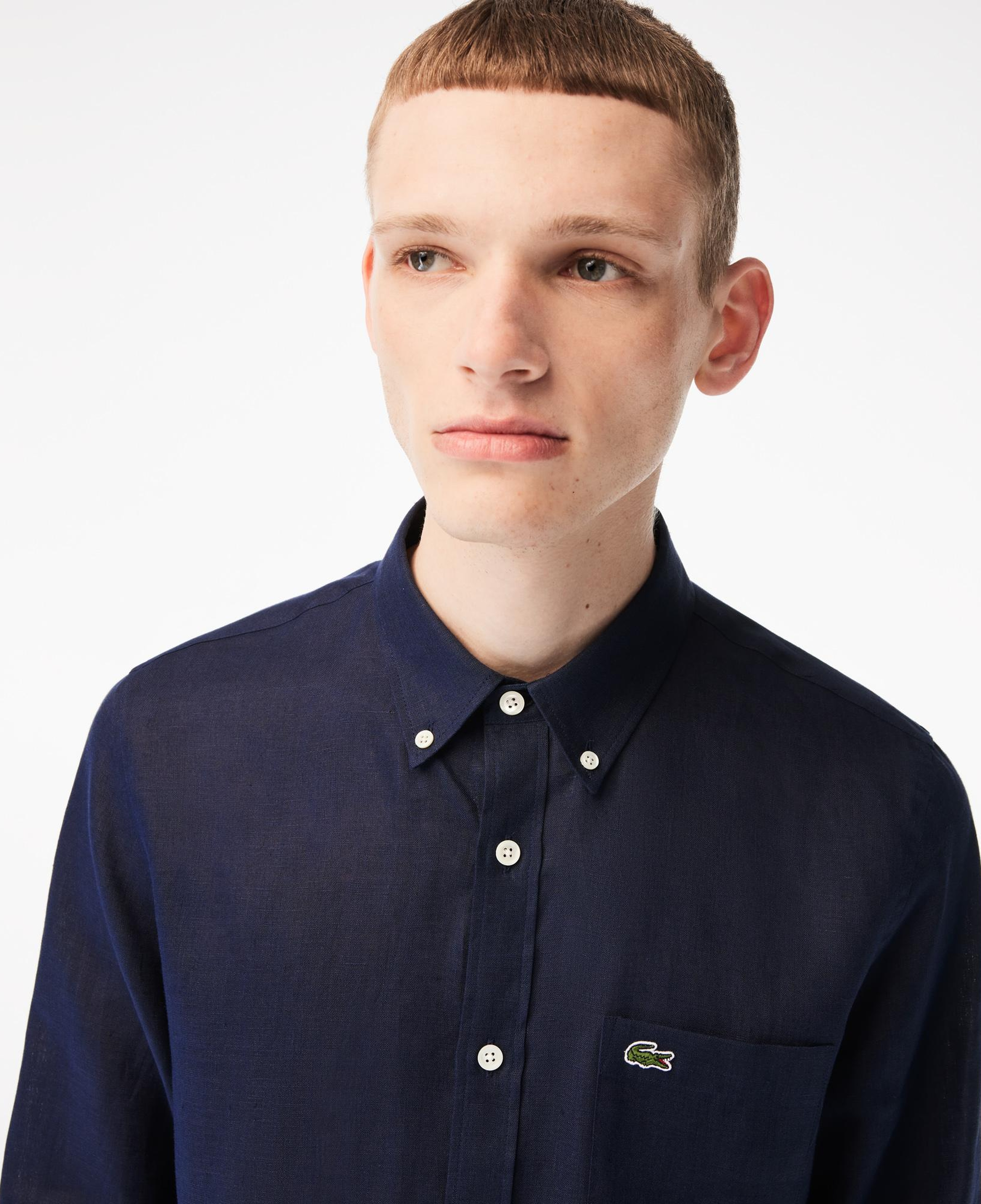 Lacoste Erkek Regular Fit Düğmeli Yaka Keten Lacivert Gömlek