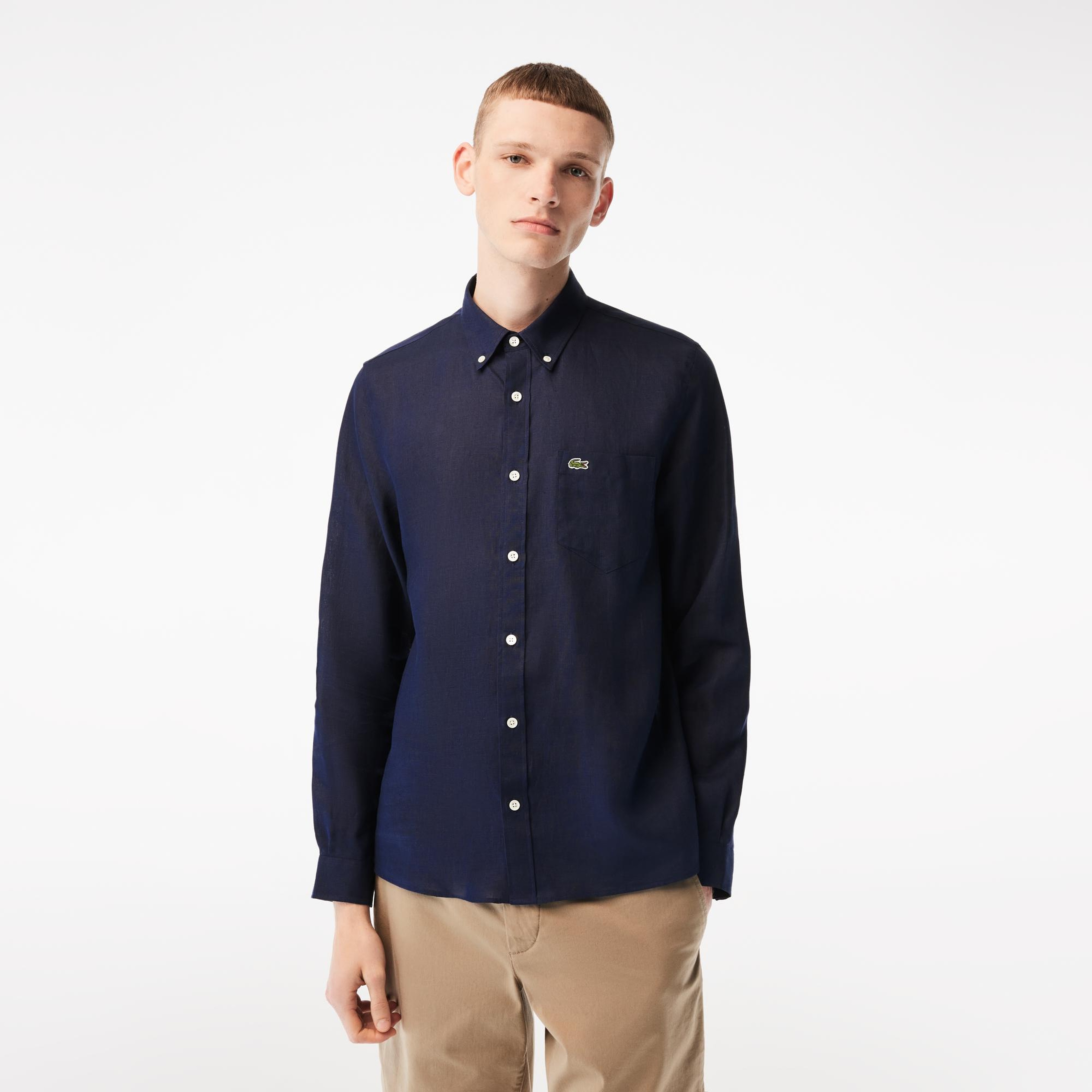 Lacoste Erkek Regular Fit Düğmeli Yaka Keten Lacivert Gömlek