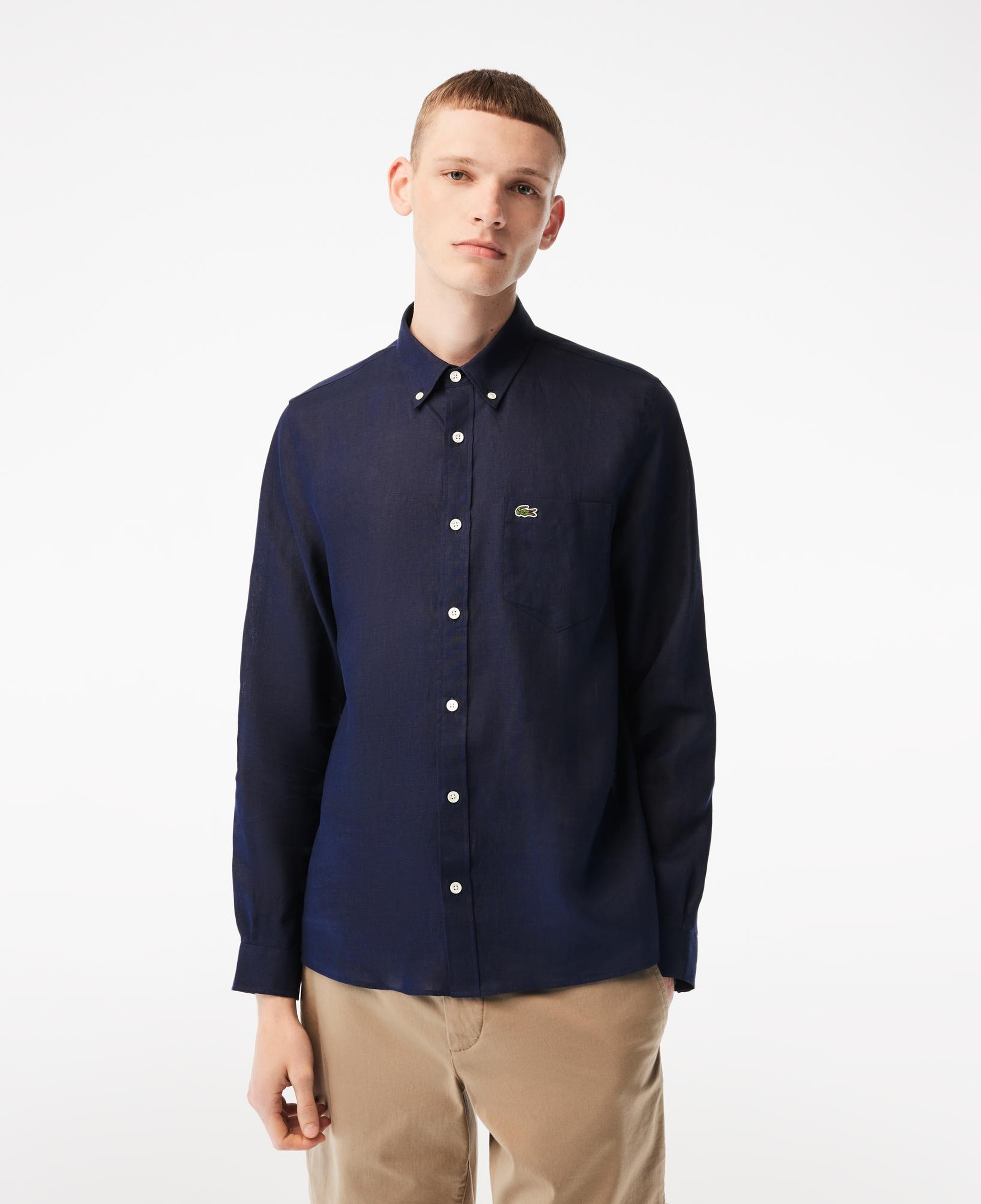 Lacoste Erkek Regular Fit Düğmeli Yaka Keten Lacivert Gömlek