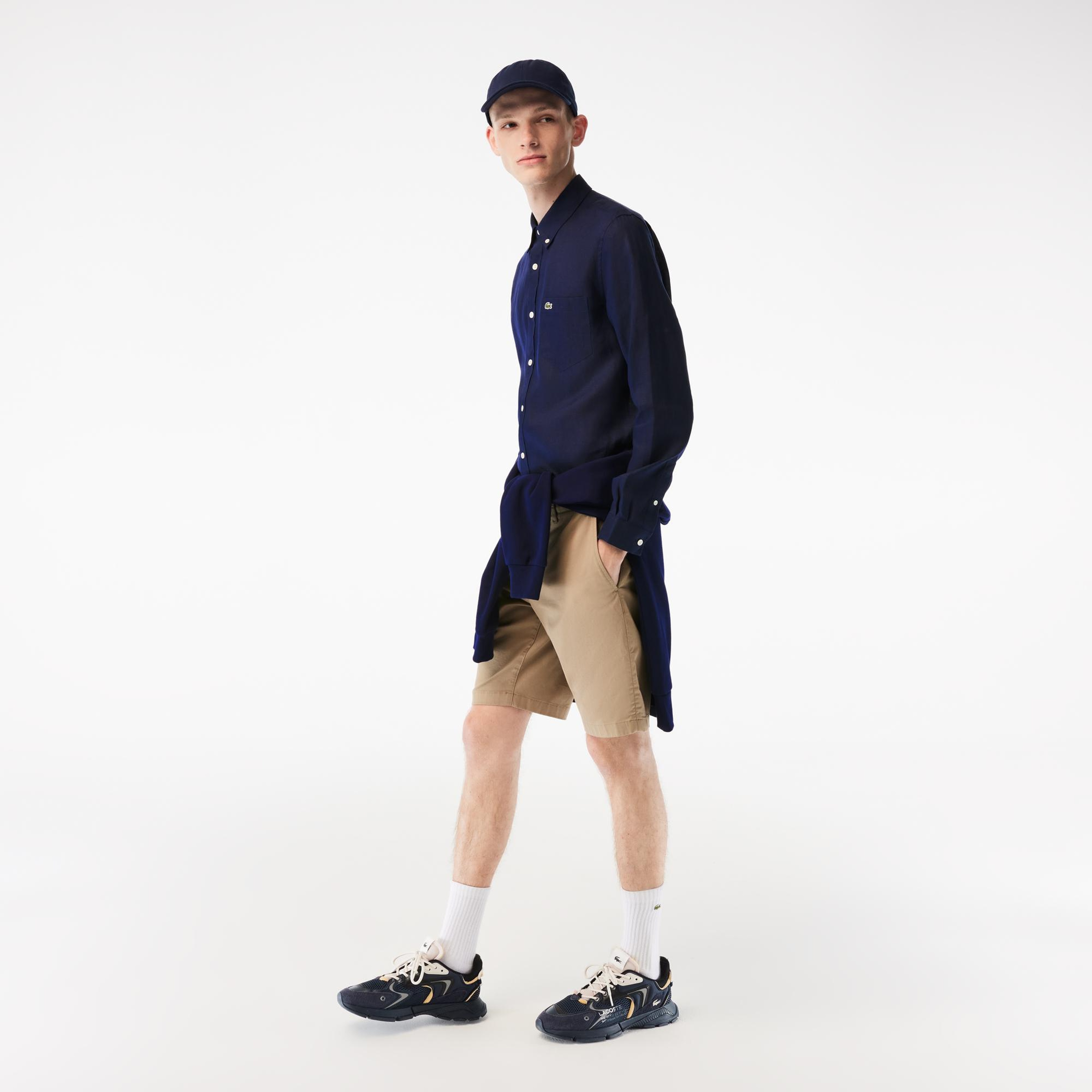 Lacoste Erkek Regular Fit Düğmeli Yaka Keten Lacivert Gömlek