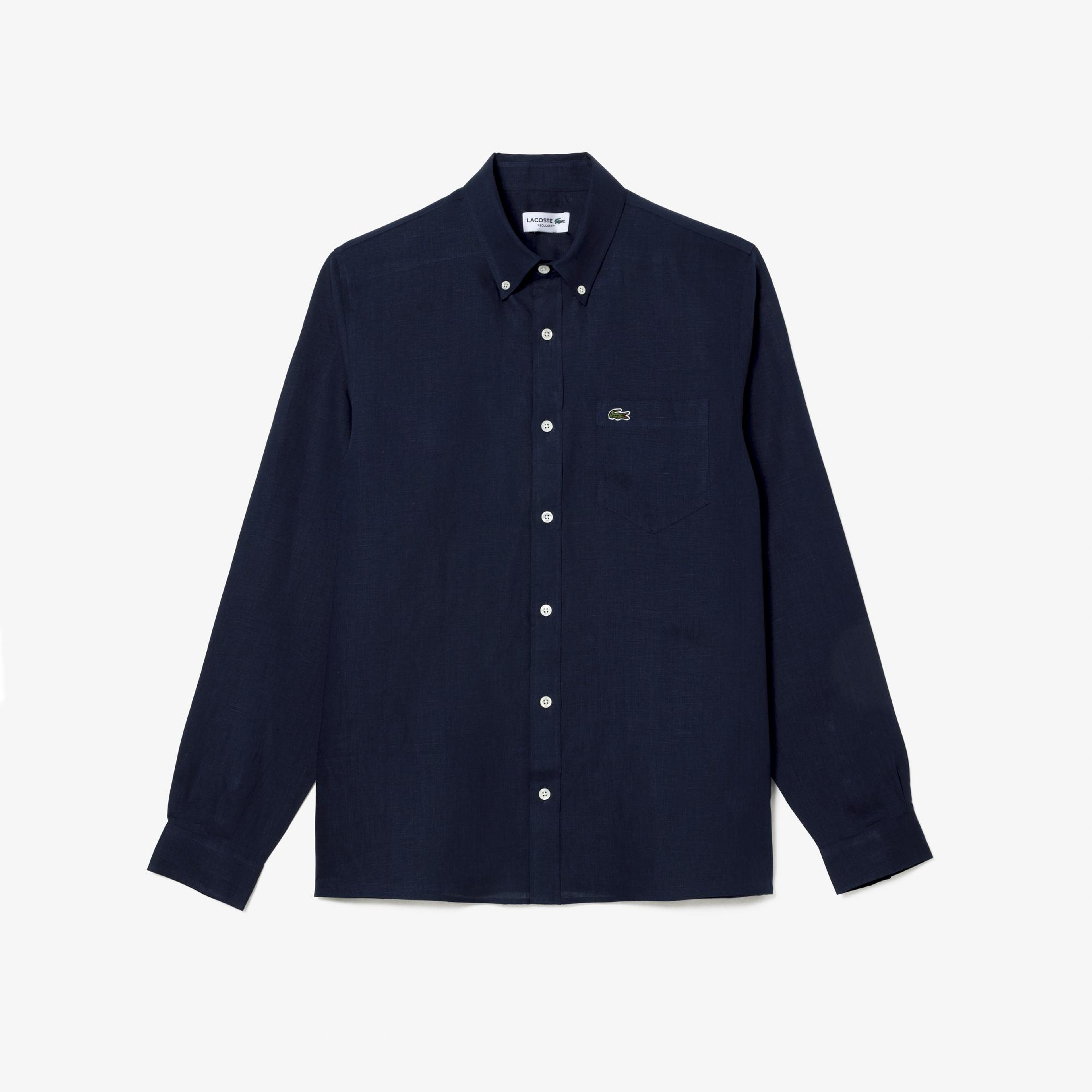 Lacoste Erkek Regular Fit Düğmeli Yaka Keten Lacivert Gömlek