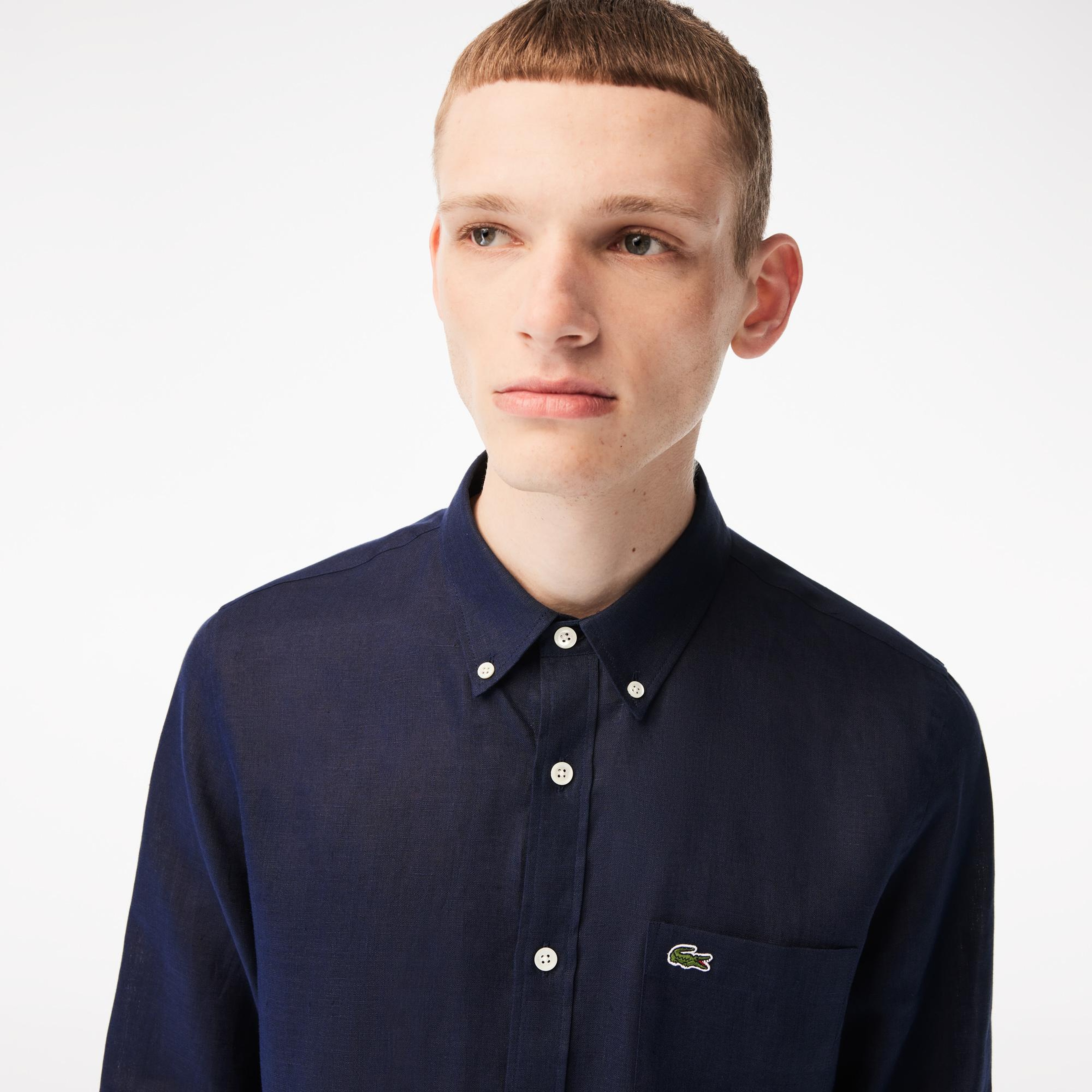 Lacoste Erkek Regular Fit Düğmeli Yaka Keten Lacivert Gömlek