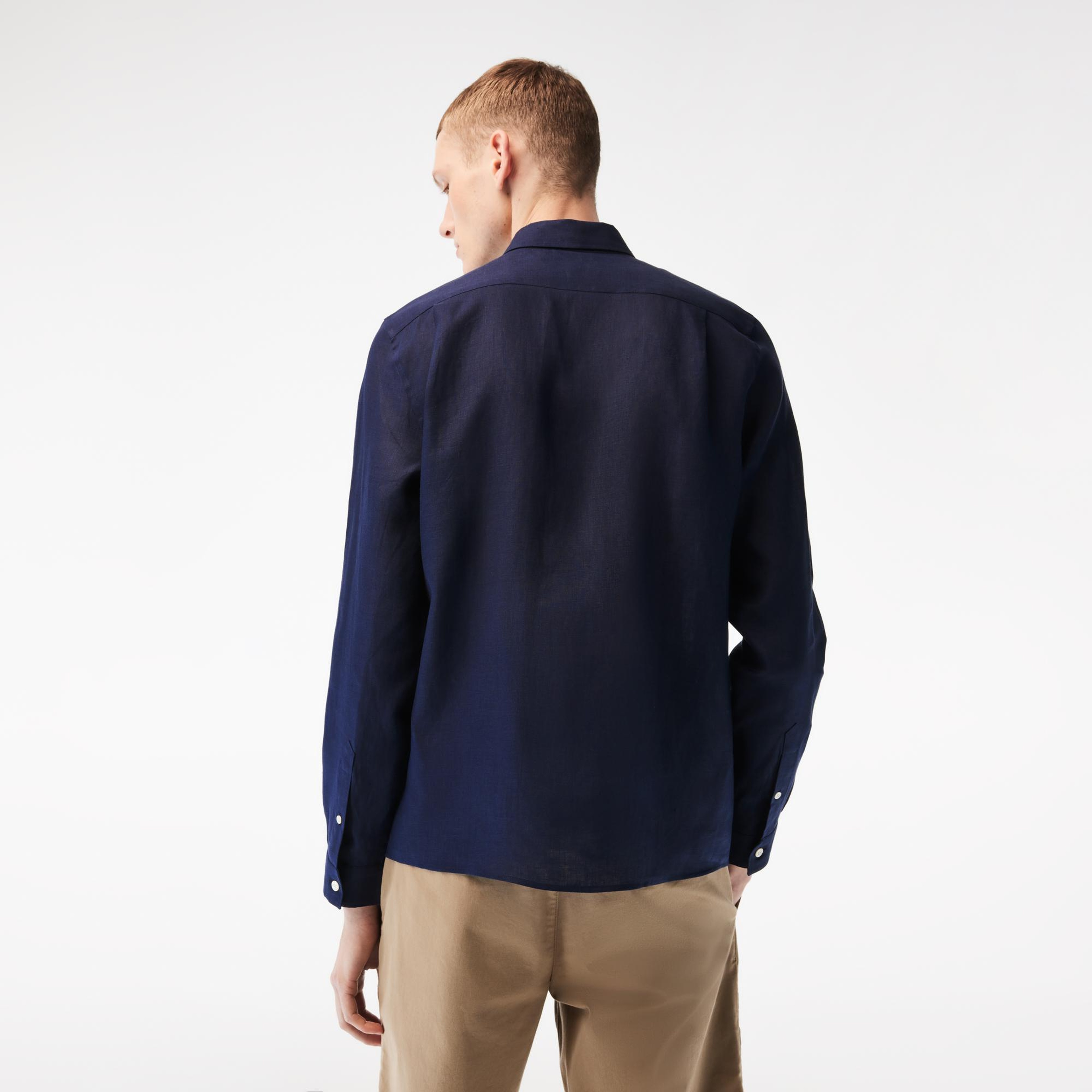 Lacoste Erkek Regular Fit Düğmeli Yaka Keten Lacivert Gömlek