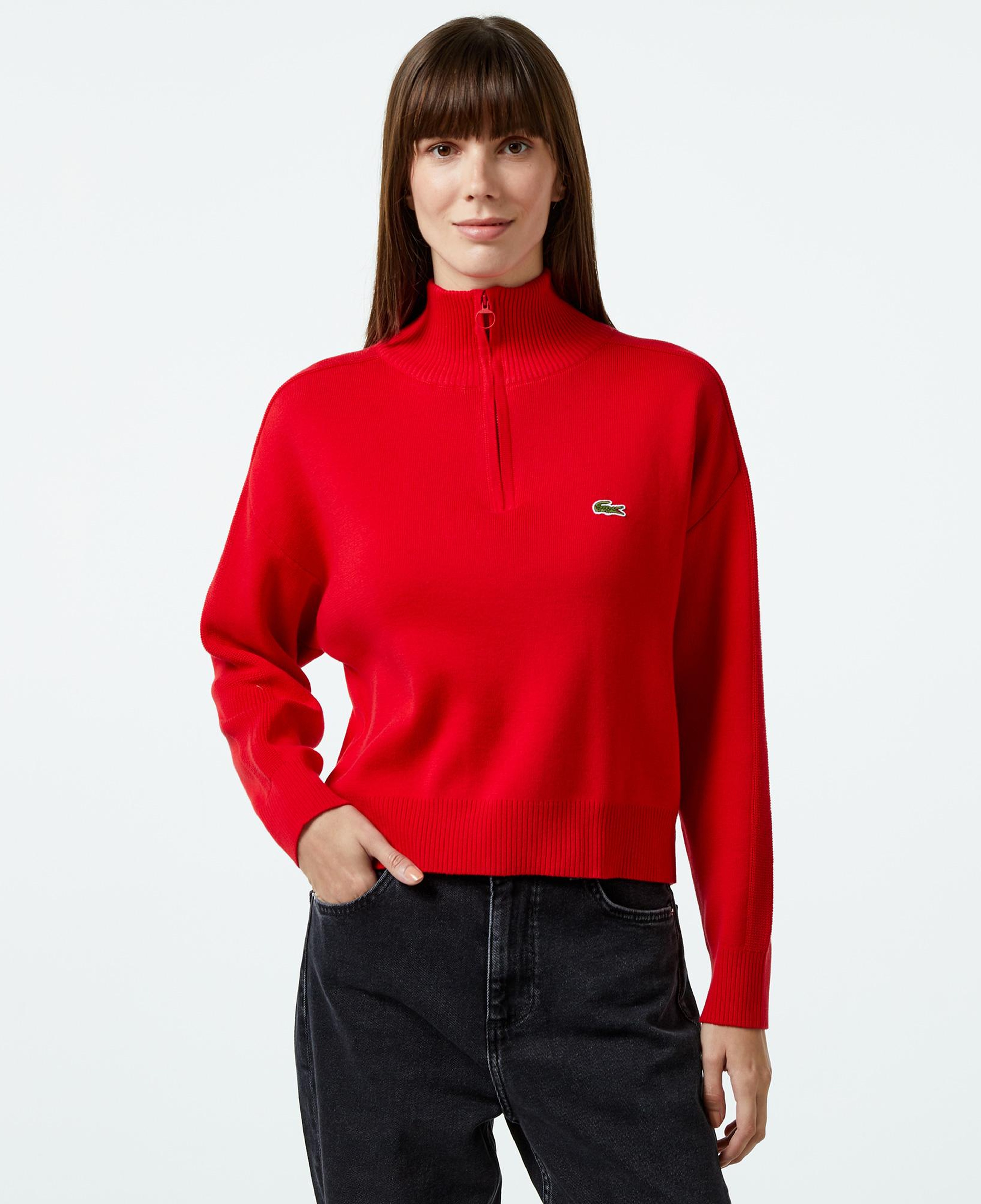 Lacoste Kadın Relaxed Fit Yarım Fermuarlı Kırmızı Triko